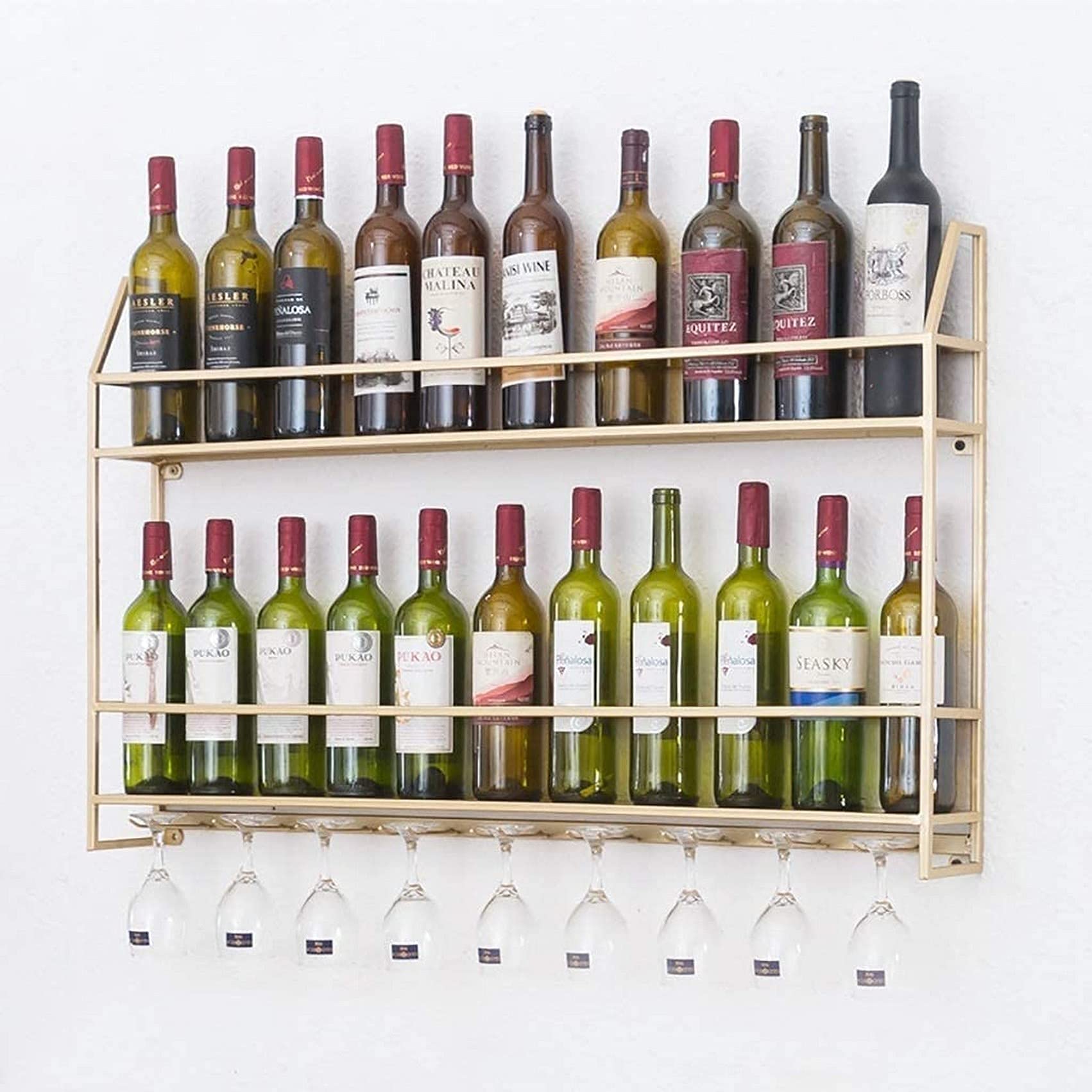 Casier à vin mural doré à 2 couches avec porte-verre suspendu en fer forgé