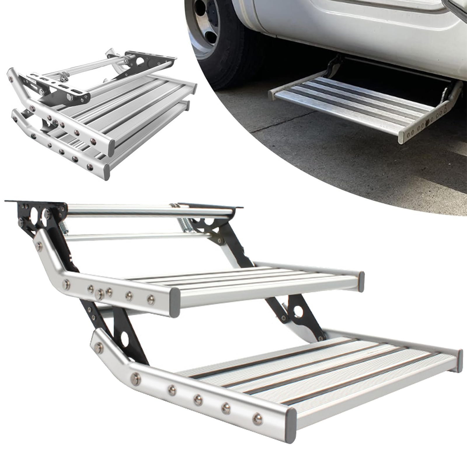Taburete plegable de aluminio con pedal ancho para evitar caídas en camper