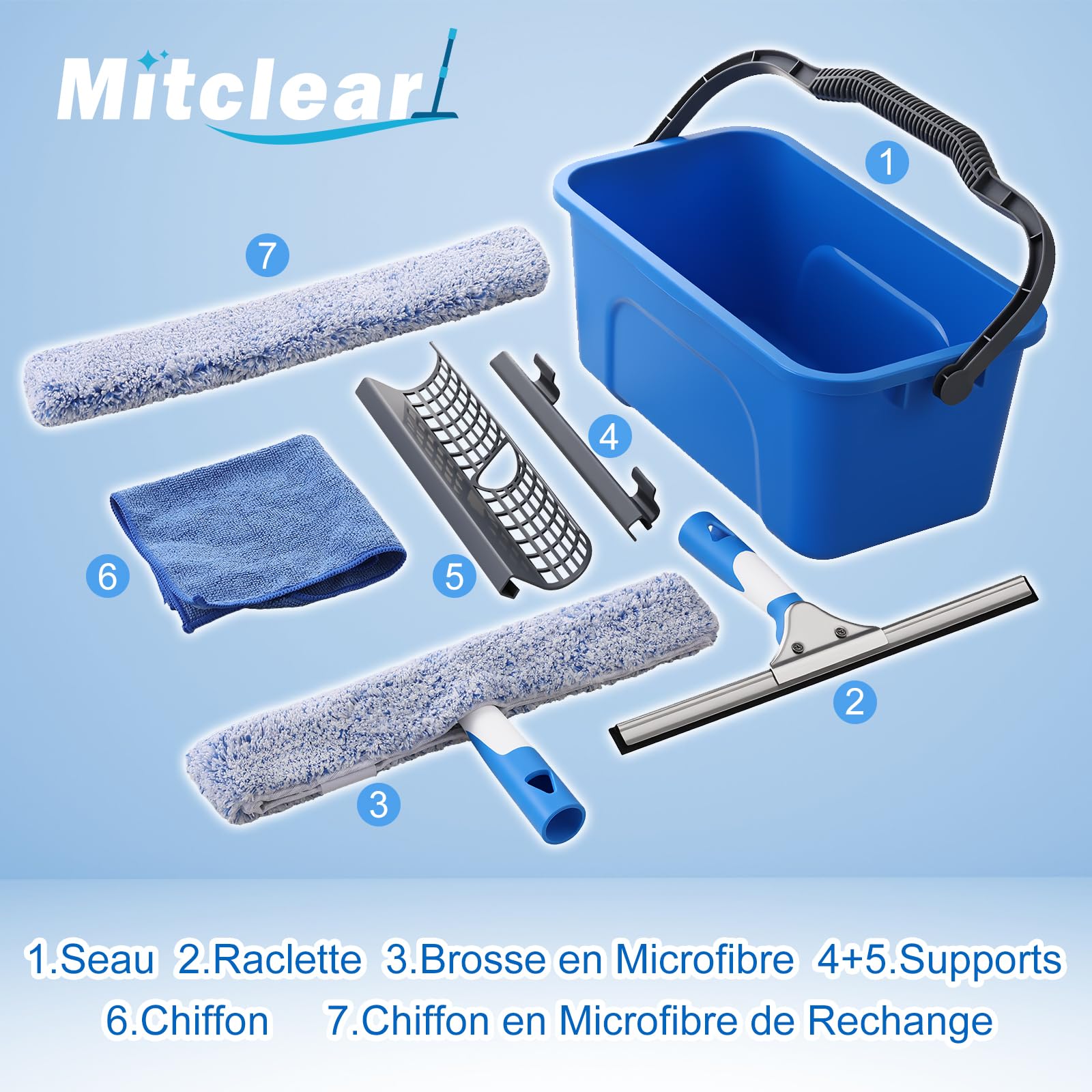 Mitclear Kit de Nettoyage de Vitres, 7 Pièces, Inclure Seau 12L, Raclette Silicone, Brosse Microfibre, Chiffon, Lave Vitre Professionnel pour Usage Domestique et Commercial