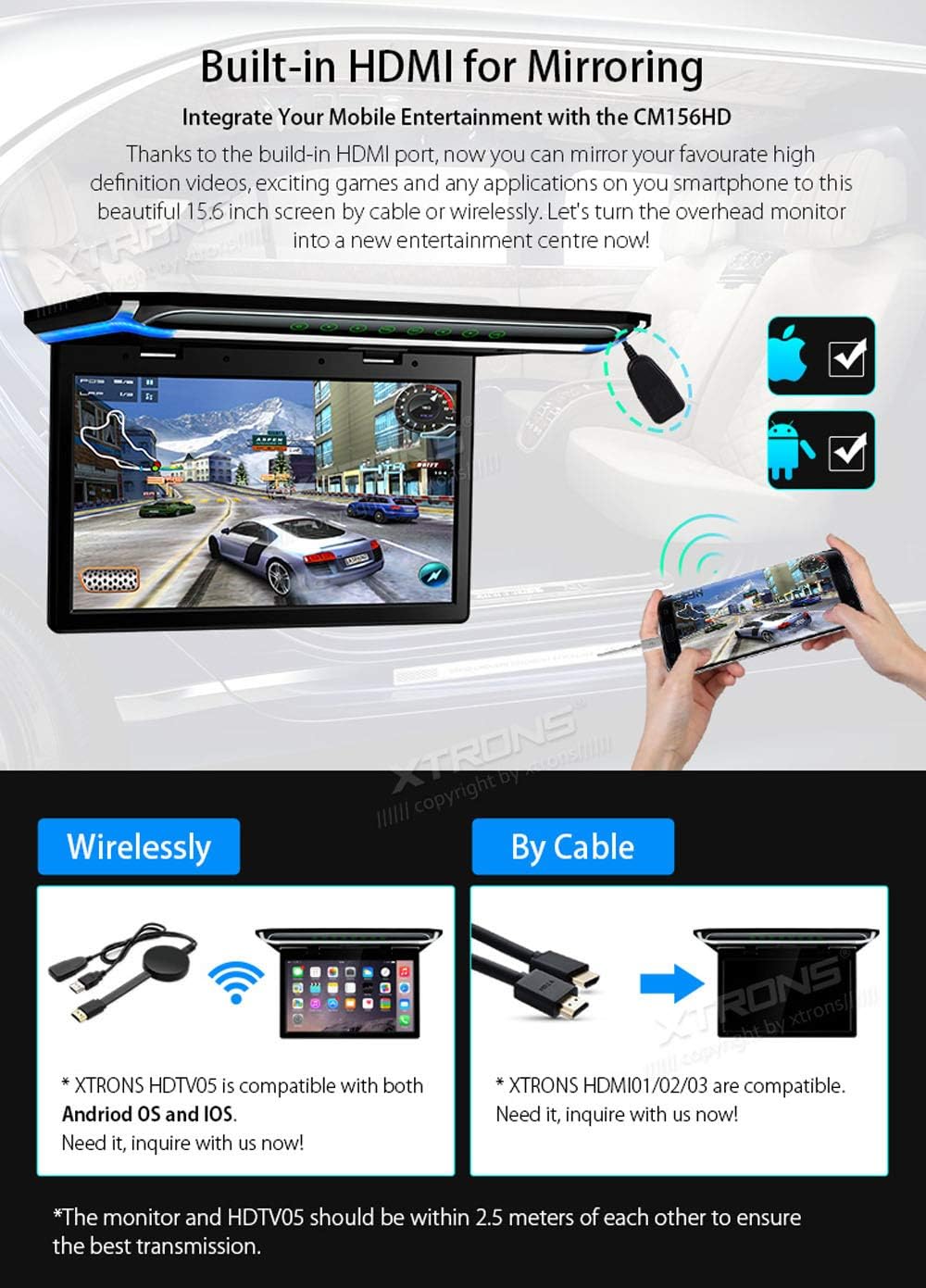 XTRONS 15.6 Inch Ultra-Thin FHD Digital TFT Screen 1080P Video Car Overhead Player Roof Mounted Monitor HDMI Port (No DVD) : Electronics