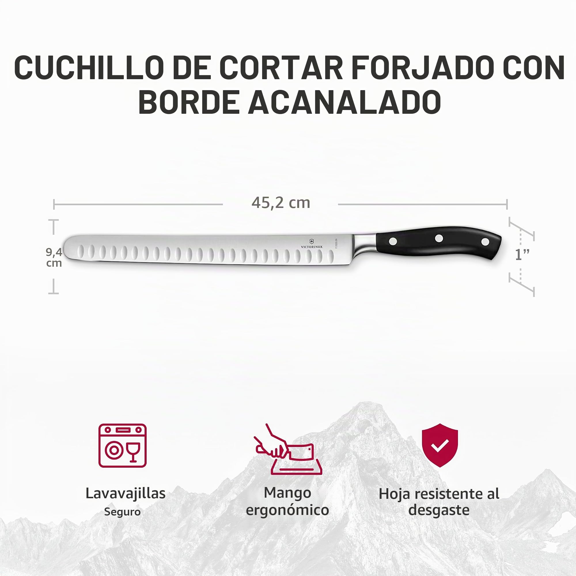 Victorinox Grand Maître, cuchillo jamonero profesional, hoja extra afilada, filo biselado, 26 cm, mango de plástico, acero inoxidable, negro