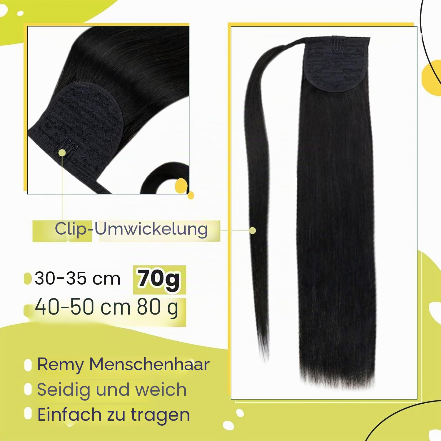 RUNATURE Zopf Extensions Echthaar Natürliches Schwarz 50cm Lang Ponytail Menschliches Haar 80g #1B | Remy Ponytail Extensions hitzebeständig, wiederverwendbar, doppelt gewebt, atmungsaktiv.Verhedderfrei,beeindruckend lang