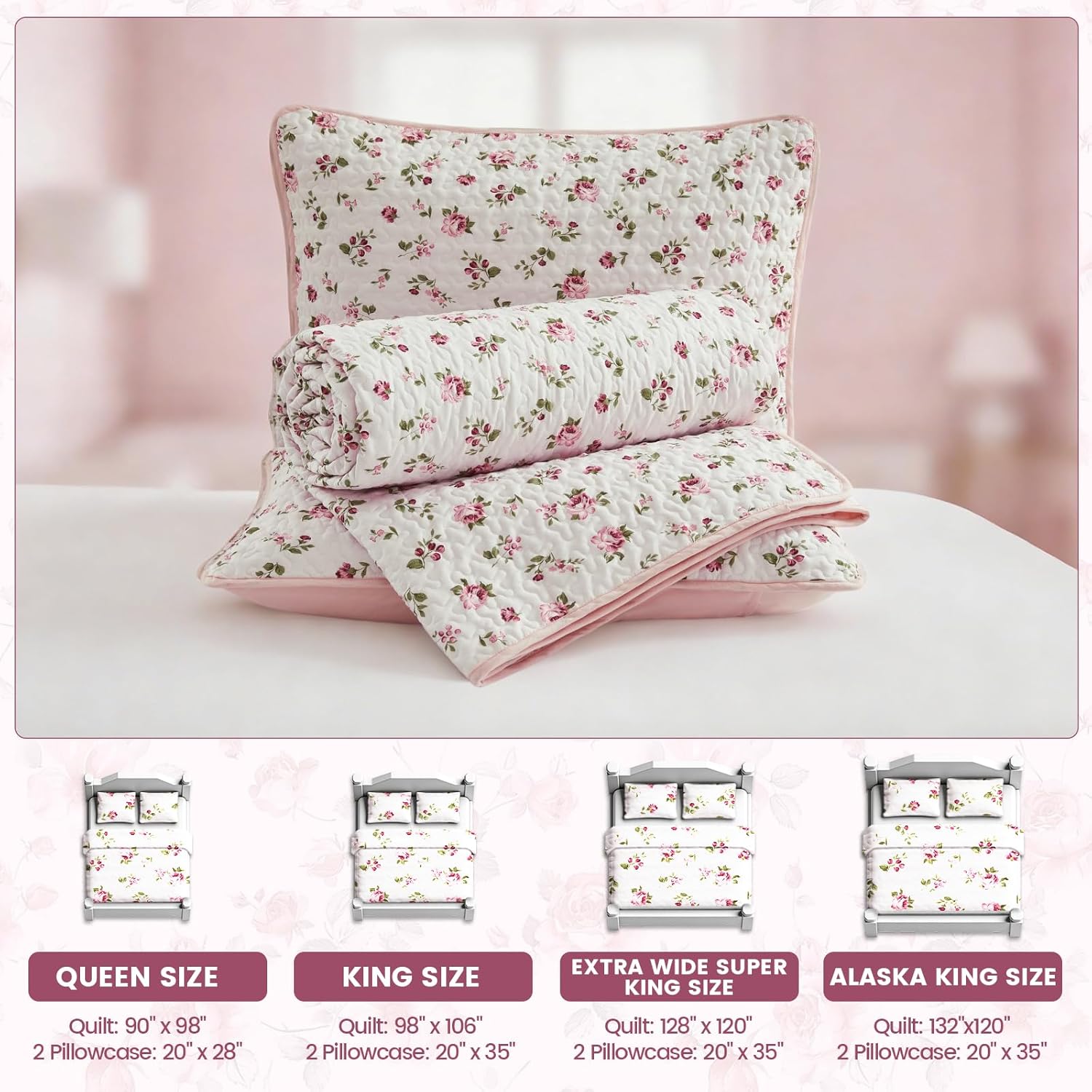 Oversized King Size Quilt Set 128x120 Pink Floral Extra Wide Super King Size Quilted Bedspread Coverlet 3-Piece Garden Style Flowers Reversible Comforter Bedding Set Bed Cover with 2 Pillow Shams
