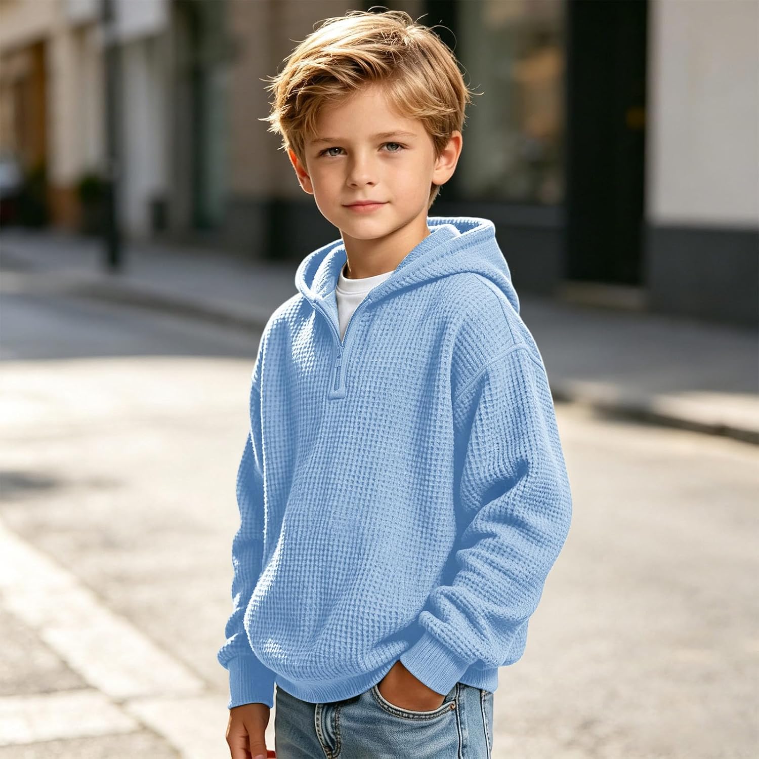 Boys Waffle Half Zip Hoodie Fleece Pullover Winter Top
