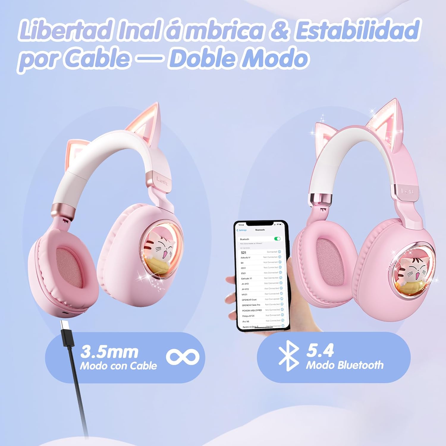 sunvito Kids Headphones Bluetooth 5.4 - Cat Ear LED Light Up Noise Cancelling Wireless Headphones with Mic, 85dB Volume Limited, Wired & Wireless Mode for Travel/School/iPad