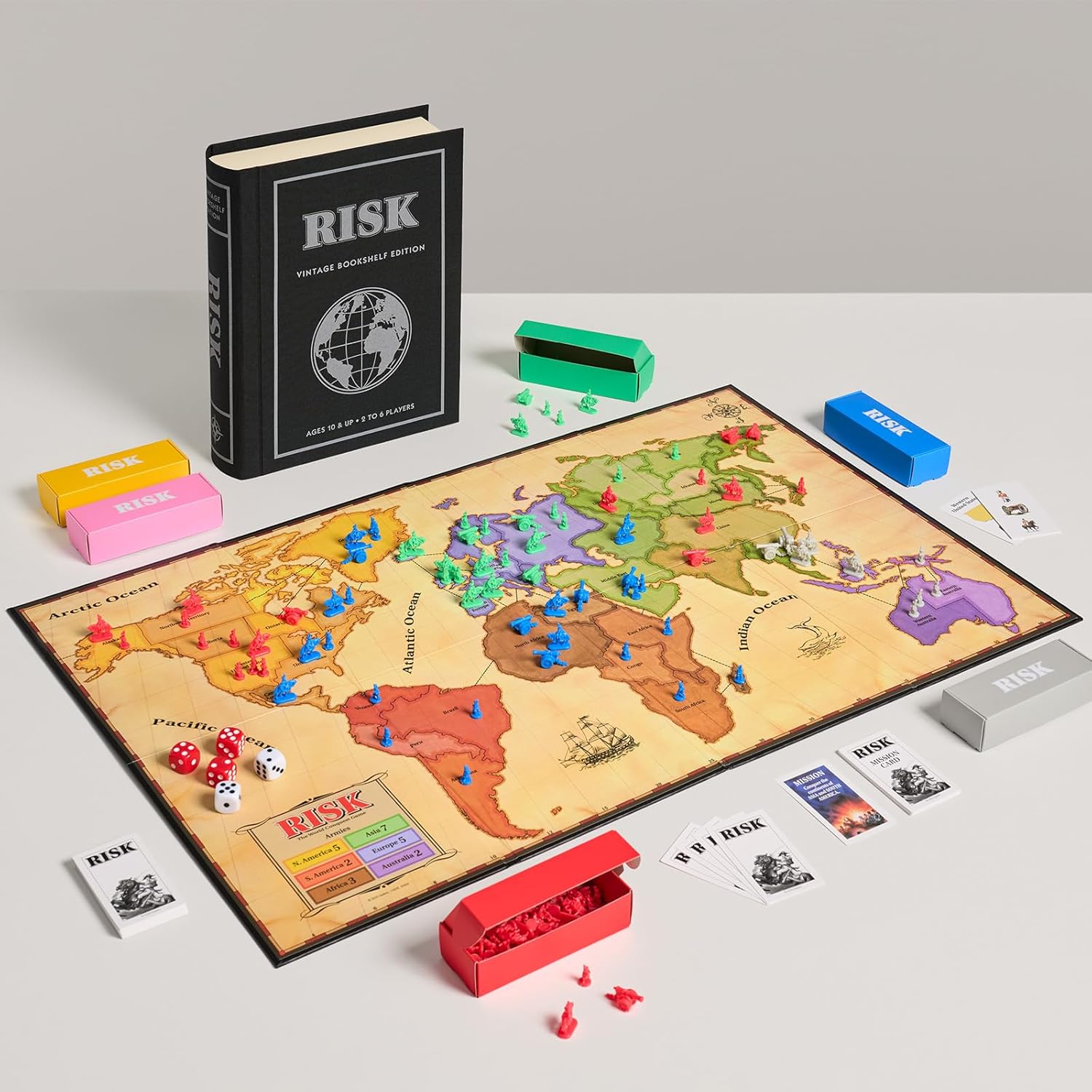 WS Game Company Risk Vintage Bookshelf Edition, Linen Wrapped Book Box & Slipcase - Secret Mission Variant & 6 Armies - Strategy Board Games for Adults & Kids, Ages 10+ - Image 5