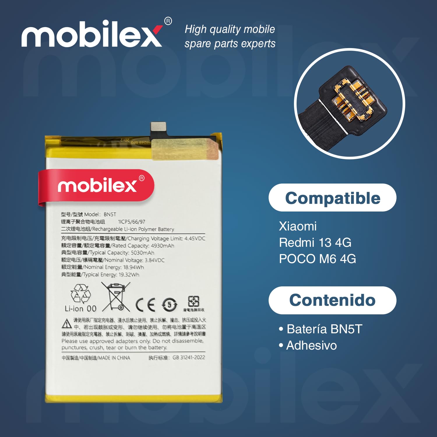 MOBILEX® Batería BN5T para Xiaomi Redmi 13 4G / Poco M6 4G | 5030mAh - OEM | Carga Rápida 33W Turbo | Interna Repuesto con Adhesivo | Capacidad Original