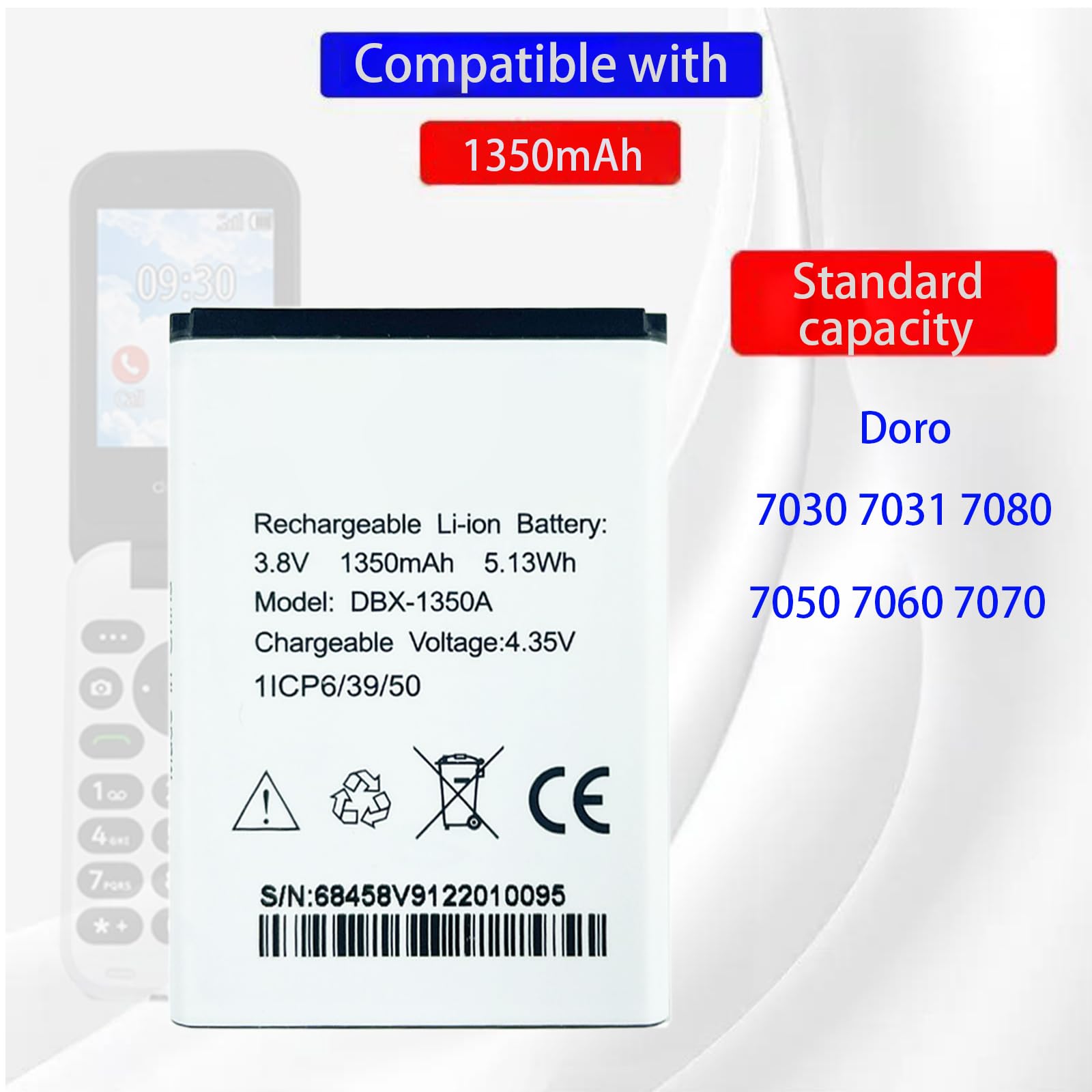 Batterie De Remplacement DBX-1350A Compatible Avec Doro 7030 7031 7080 Mobile