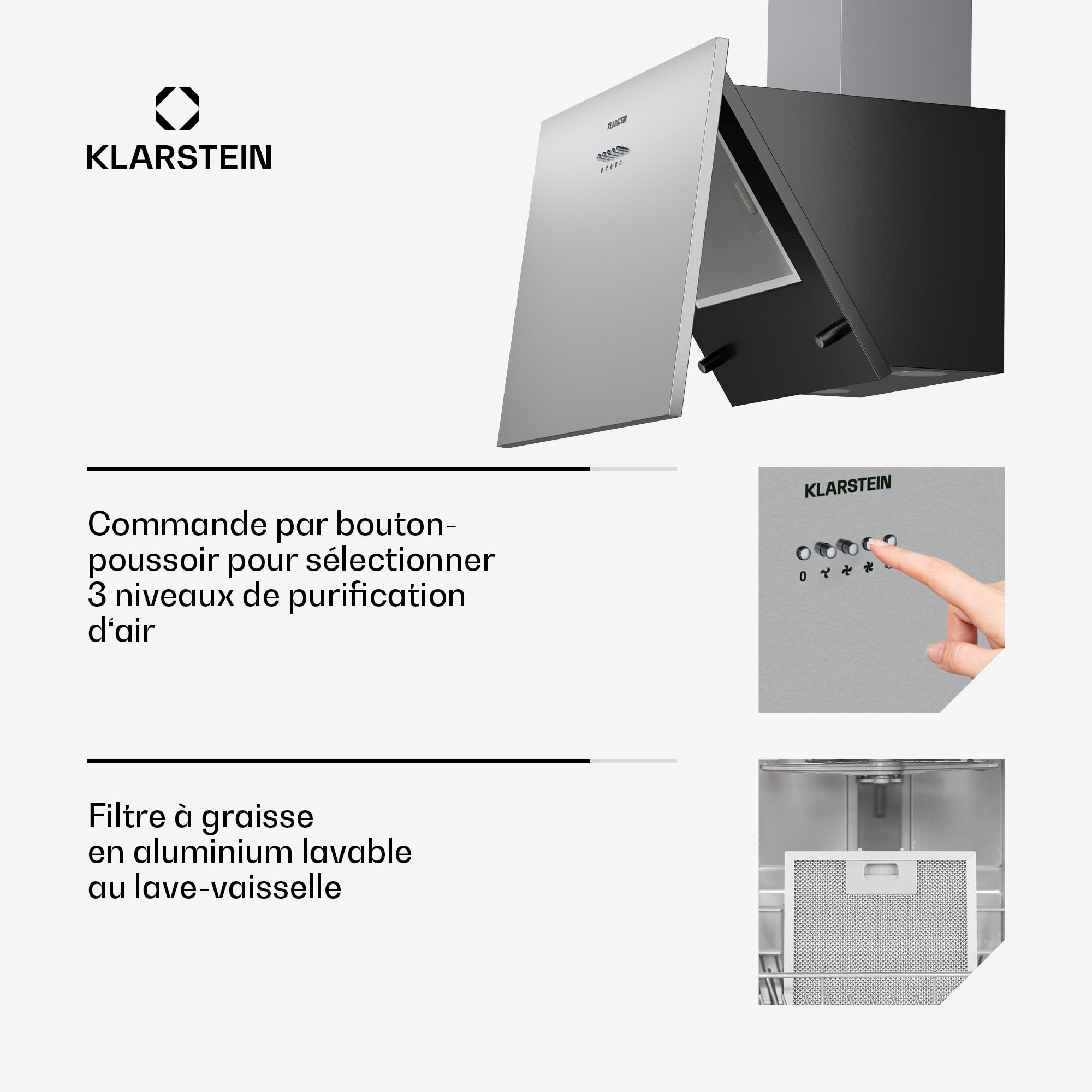 KLARSTEIN Silver Lining - hotte aspirante murale, classe A, mode recyclage ou évacuation de l'air, 600 m³/h, 3 vitesses, tactile, écran LED, hotte inclinée, 60cm - inox