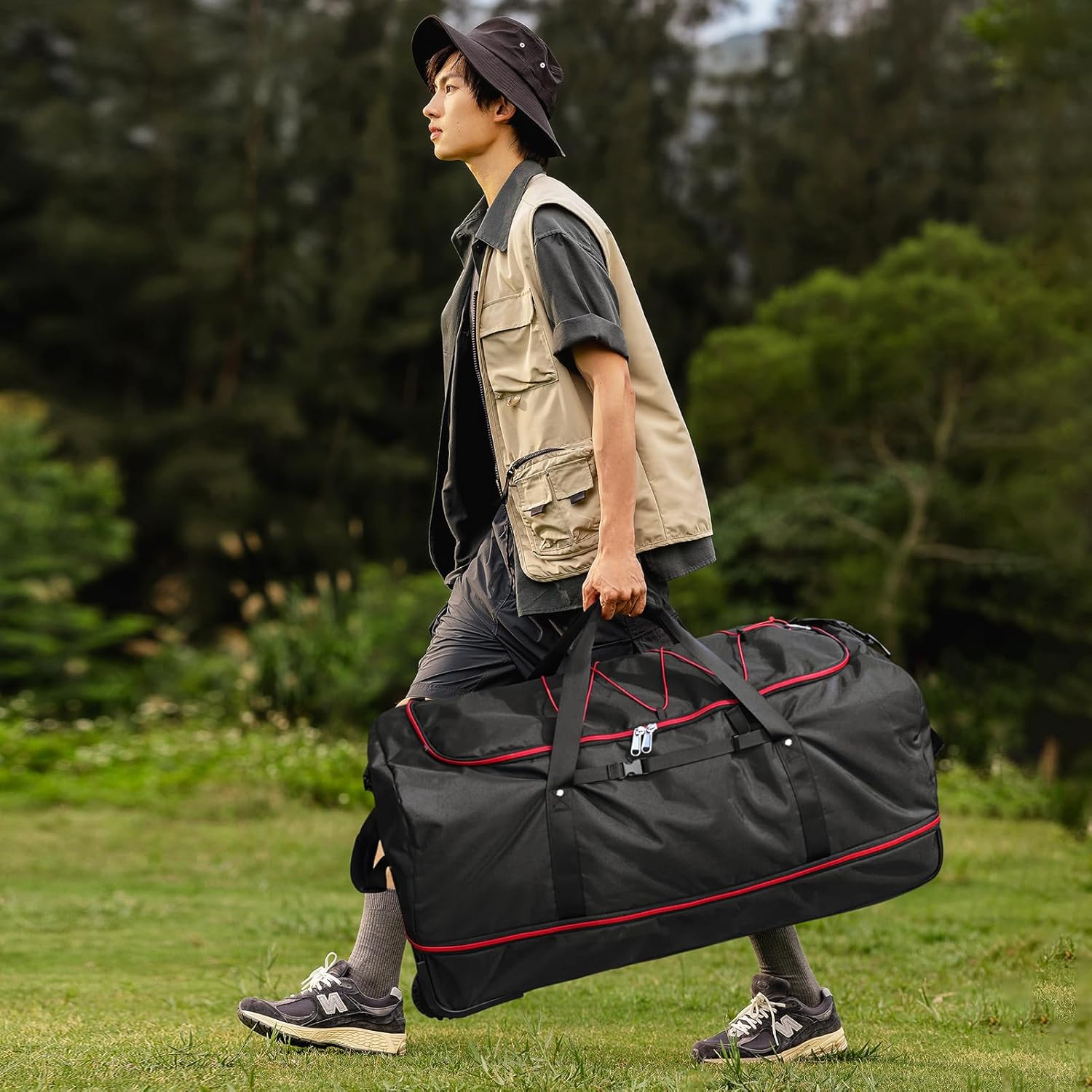 32" Soft-Sided Foldable Wheeled Duffle Bag, 110L Expandable 140L Rolling Travel Bag with Matching Storage Pouch, Updated Black-Red