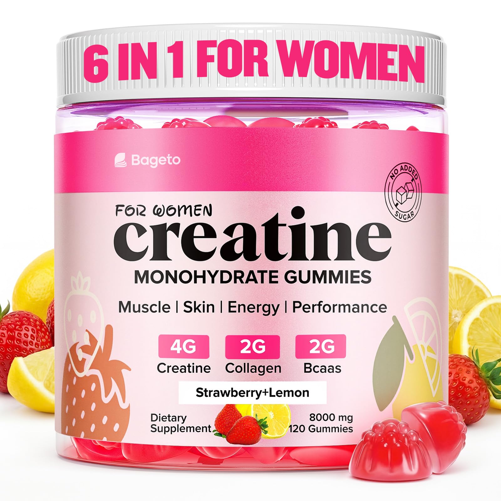 Creatine Gummies for Women, 8000 MG Complex with Collagen + BCAAs + Vitamin C & B12, Creatine Monohydrate Gummies for Women, for Booty, Energy & Strength, Sugar Free 120 Count Strawberry-Lemon Flavor - 2