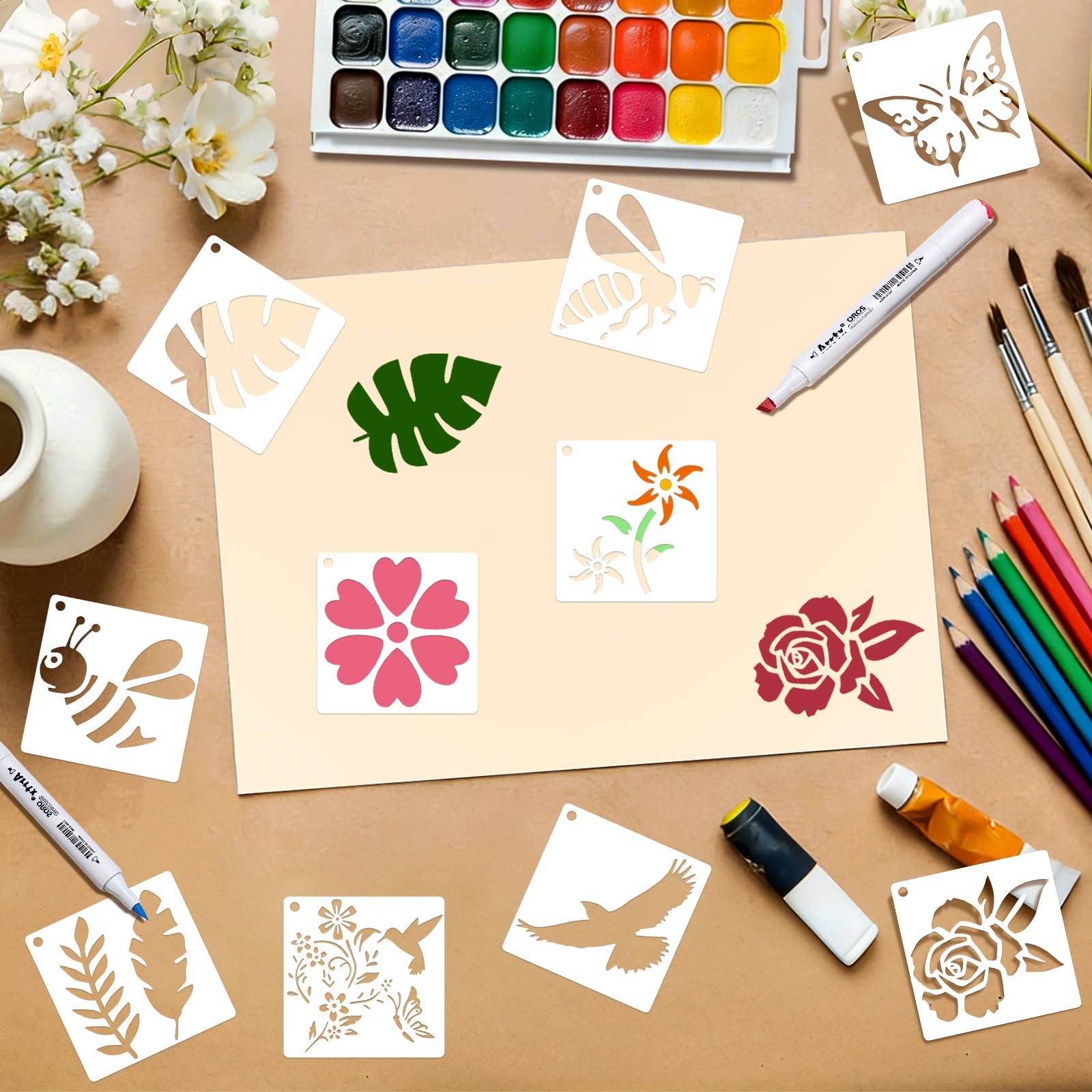 80 plantillas de 3 pulgadas para pintar sobre madera, mariposas y flores para manualidades, plantillas de dibujo reutilizables para proyectos de aula de niños, arte de tela, letreros de madera