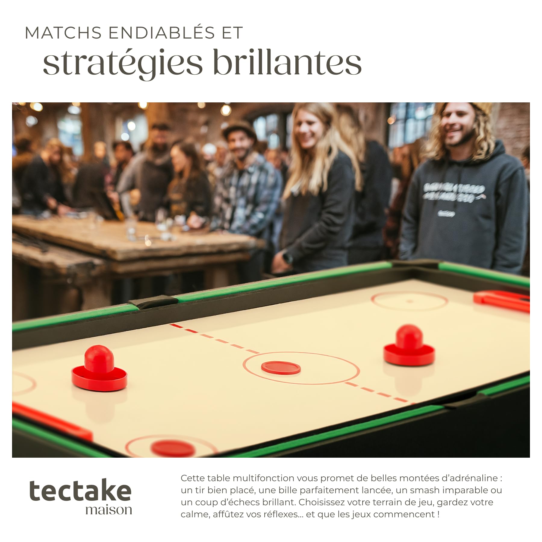 tectake® Table multijeux 15 en 1 Complet, Babyfoot, Ping Pong, Billard, Jeu de Dames, Backgammon, Échecs, Air Hockey, Bowling, Table de Jeux Billard Convertible, 125 x 123 x 83 cm, Accessoires Inclus
