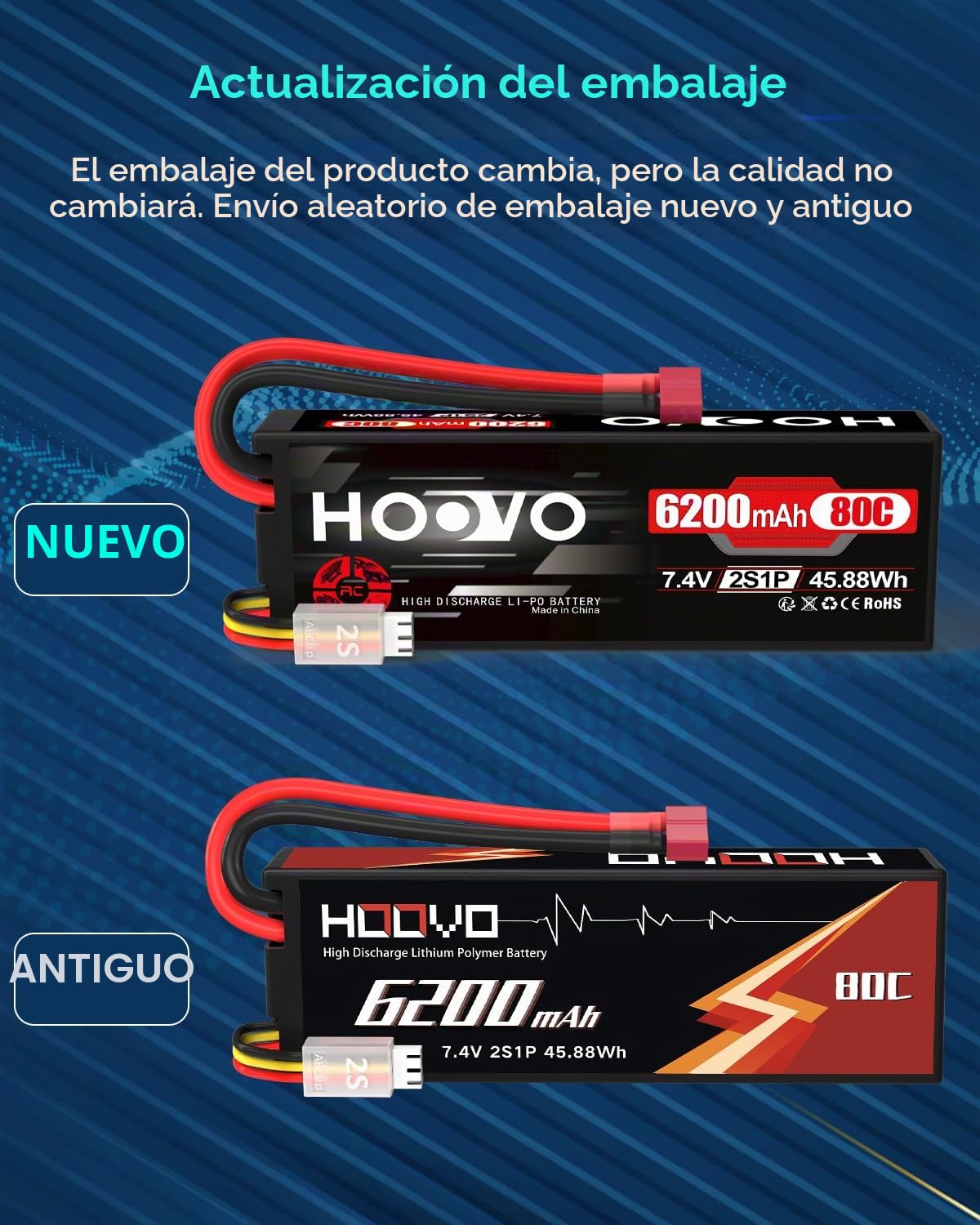 2S Lipo Akku 7,4V 80C 6200mAh RC Batterie mit Dean-Style T Stecker Battery HOOVO für RC Auto Flugzeug Helicopter Boot Buggy Quadcopter (2 Packungen)