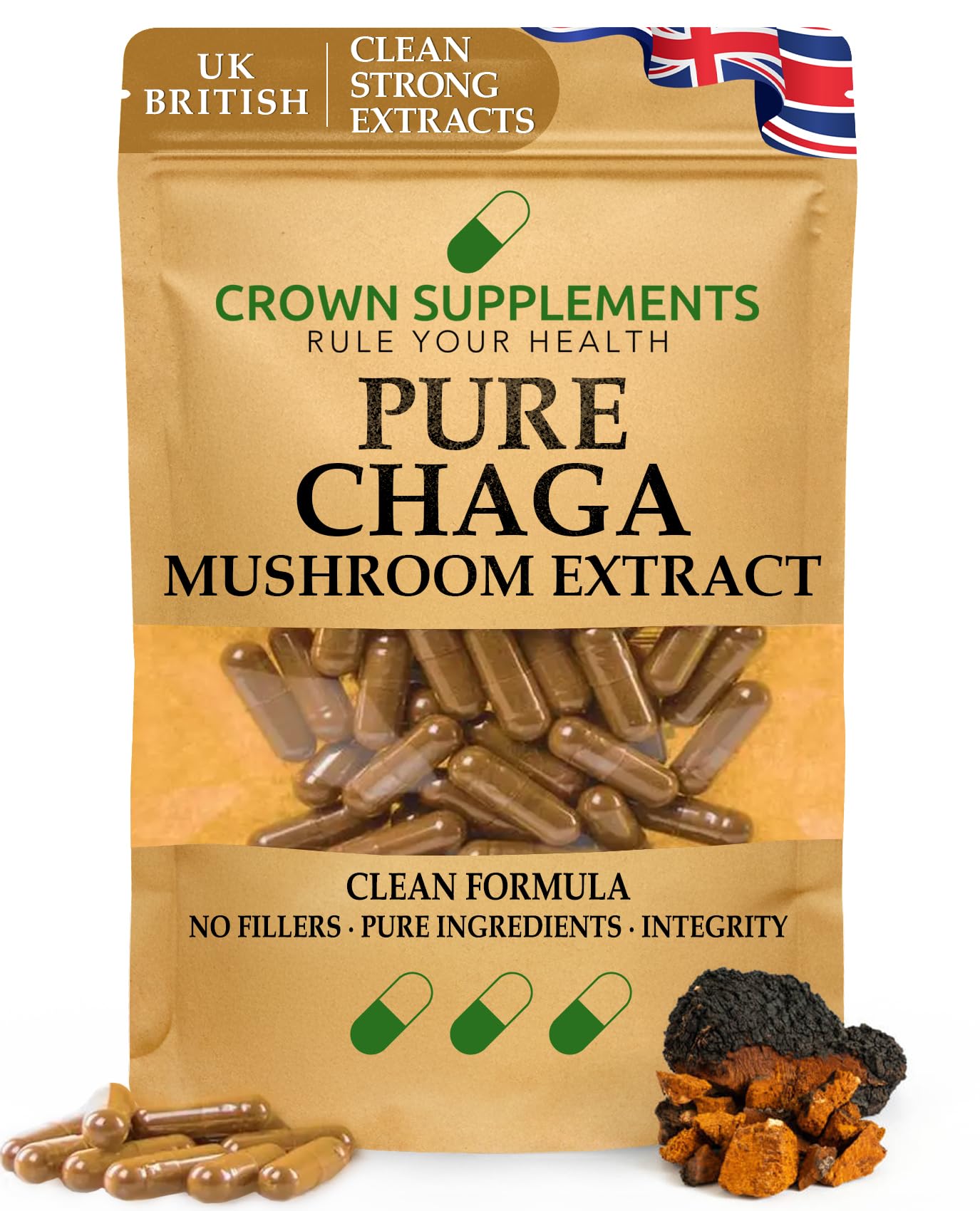 Pure Chaga Mushroom Capsules | Clean Formula Extracts | High Strength Betulin Supplement | Crown Supplements UK (90 Capsules)
