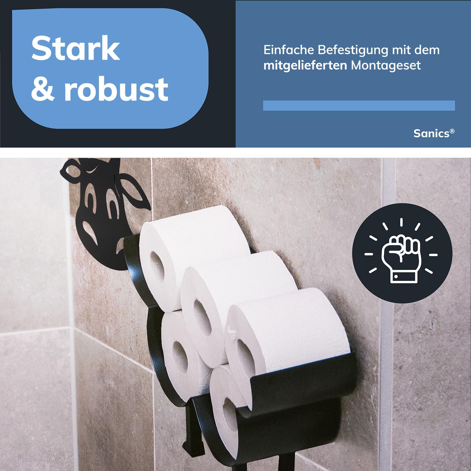 Ersatzrollenhalter Freistehend - WC Papierhalter Hängend - Wandhalterung - Kuh - Toilettenpapierhalter Tiere - Schwarz, Koe 2