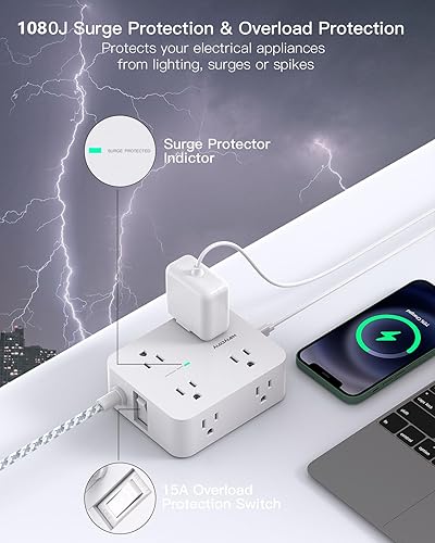 Miniatura 5 de HANYCONY - Tira de alimentación con protector de sobretensiones, cable de extensión de 15 pies de largo con 8 tomas y 4 puertos USB (2 USB C)
