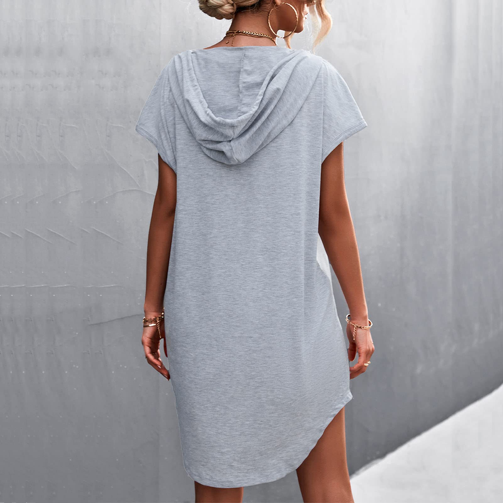 Robe Sweat Pull Robe D'été pour Femmes Robe à Capuche été Décontracté Uni Robe de Sueur Lâche Sweat à Capuche à Manches Courtes Sweat à Cordon de Serrage(S-Gris)