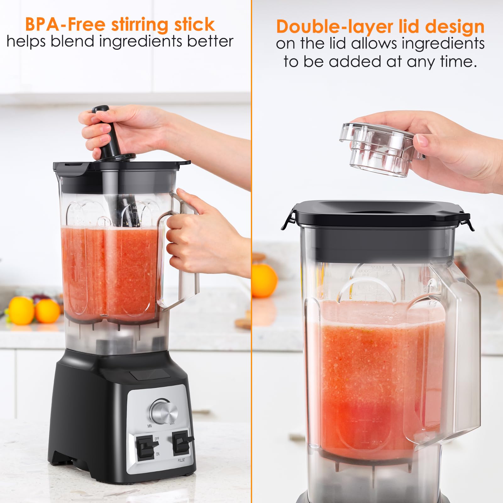 Frullatore Smoothie, Frullatore Professionale 2000W con Controllo Velocità, Funzione Pulse, 2L Grande Capacità, Senza BPA, 8 Lame Acciaio Inox, Frullatore Elettrico per Frutta/Frullati/Frappè