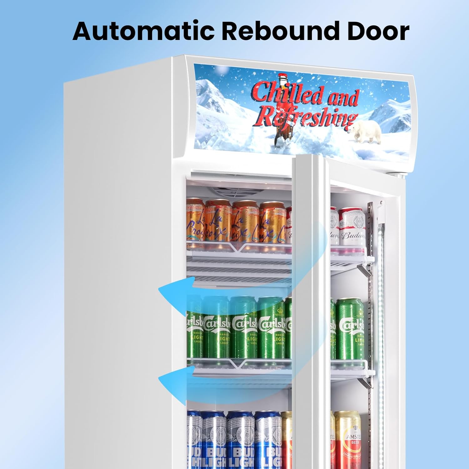 Beverage refrigerator with automatic rebound door feature