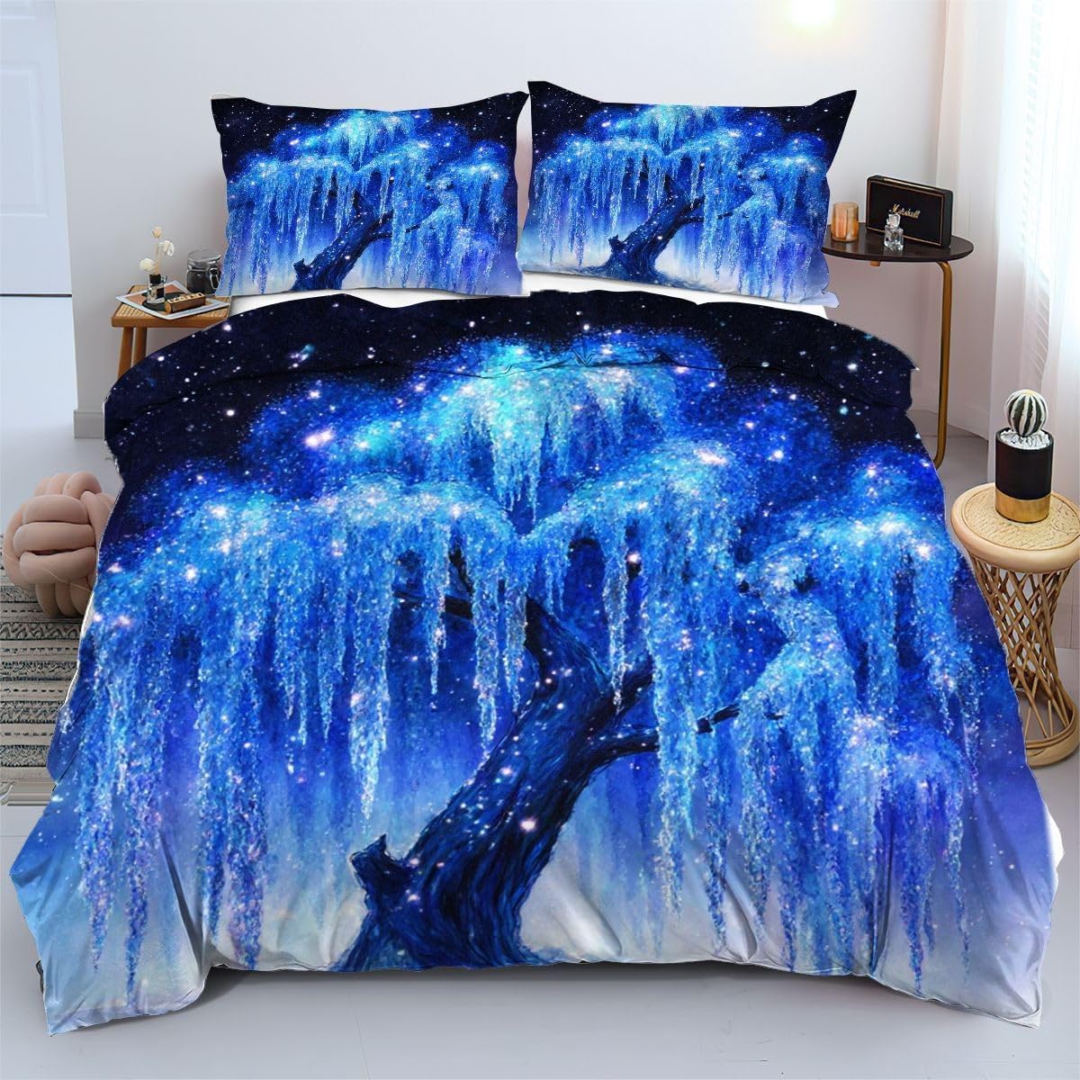 Housse de couette 90x190 cm arbre bleu parure lit sans pli enfant
