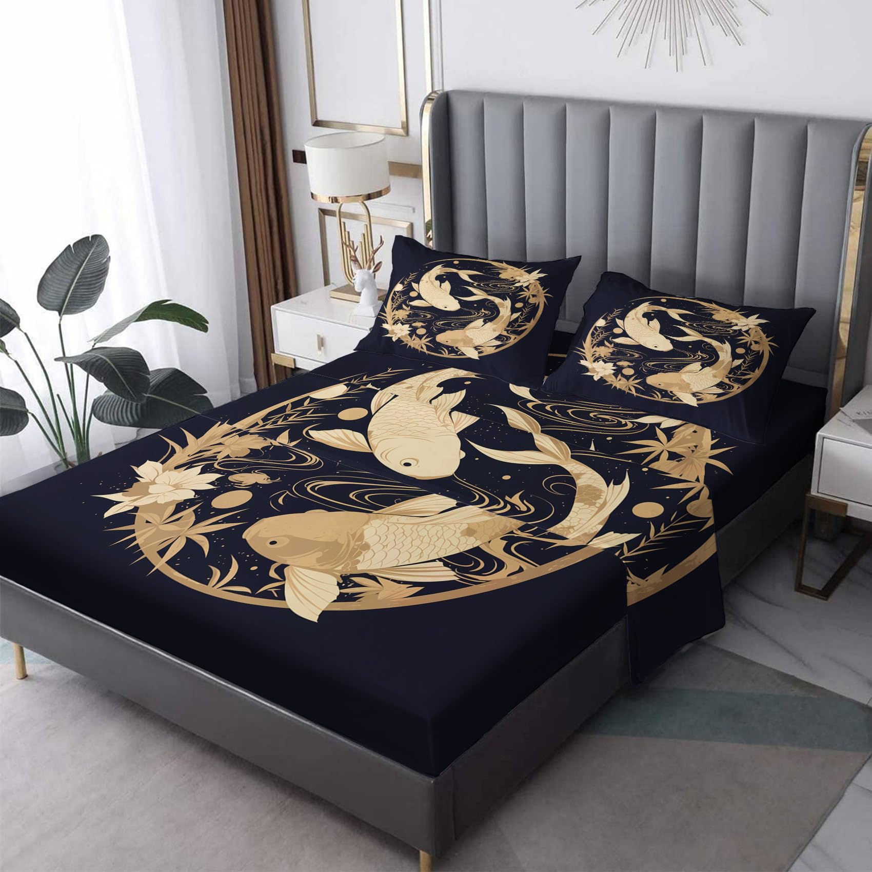 Zvynqour California King Bed Sheet Set Koi - Japanese Style Fitted Sheet & Flat Sheet & Pillowcase Set - 4 Piece Bedding & Fish Decor - Soft Microfiber &