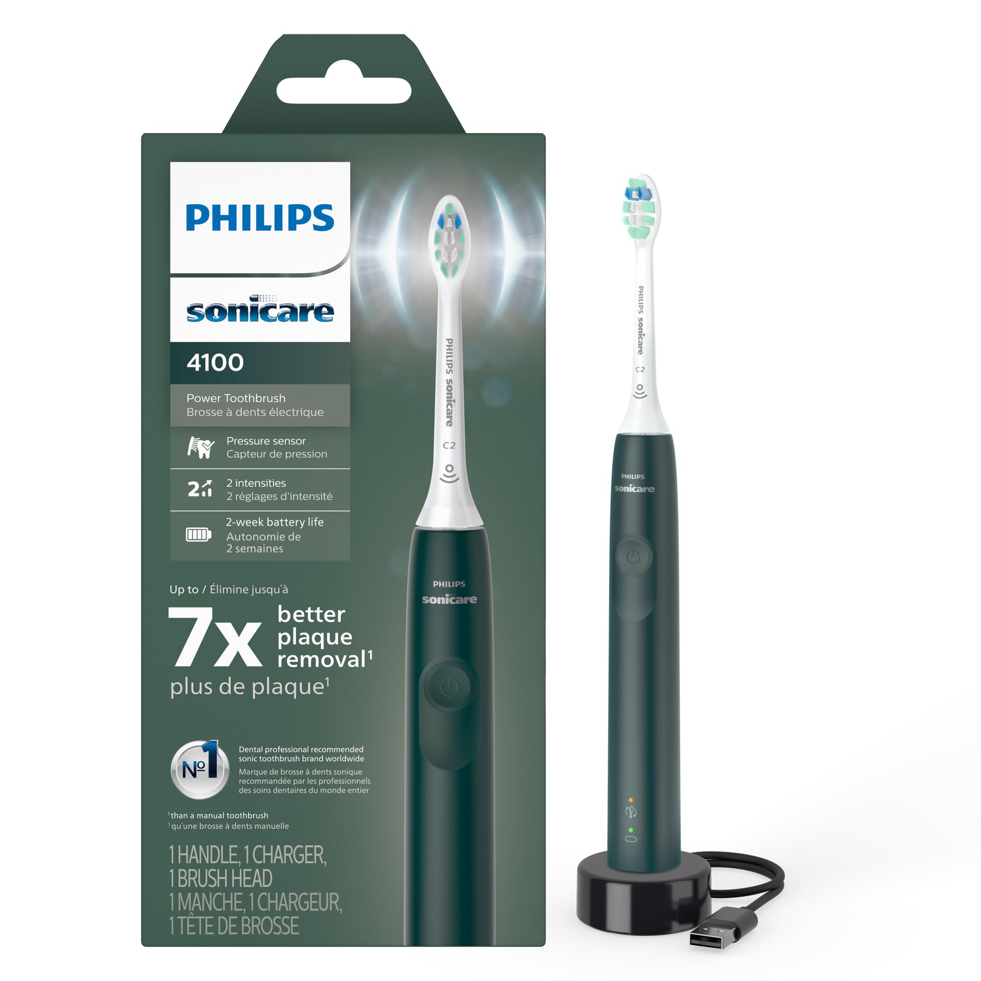Philips Sonicare 4100 Electric Toothbrush, Sonic Toothbrush with Two Intensity Levels, Pressure Sensor and Timer, Forest Green, Model HX3681/28