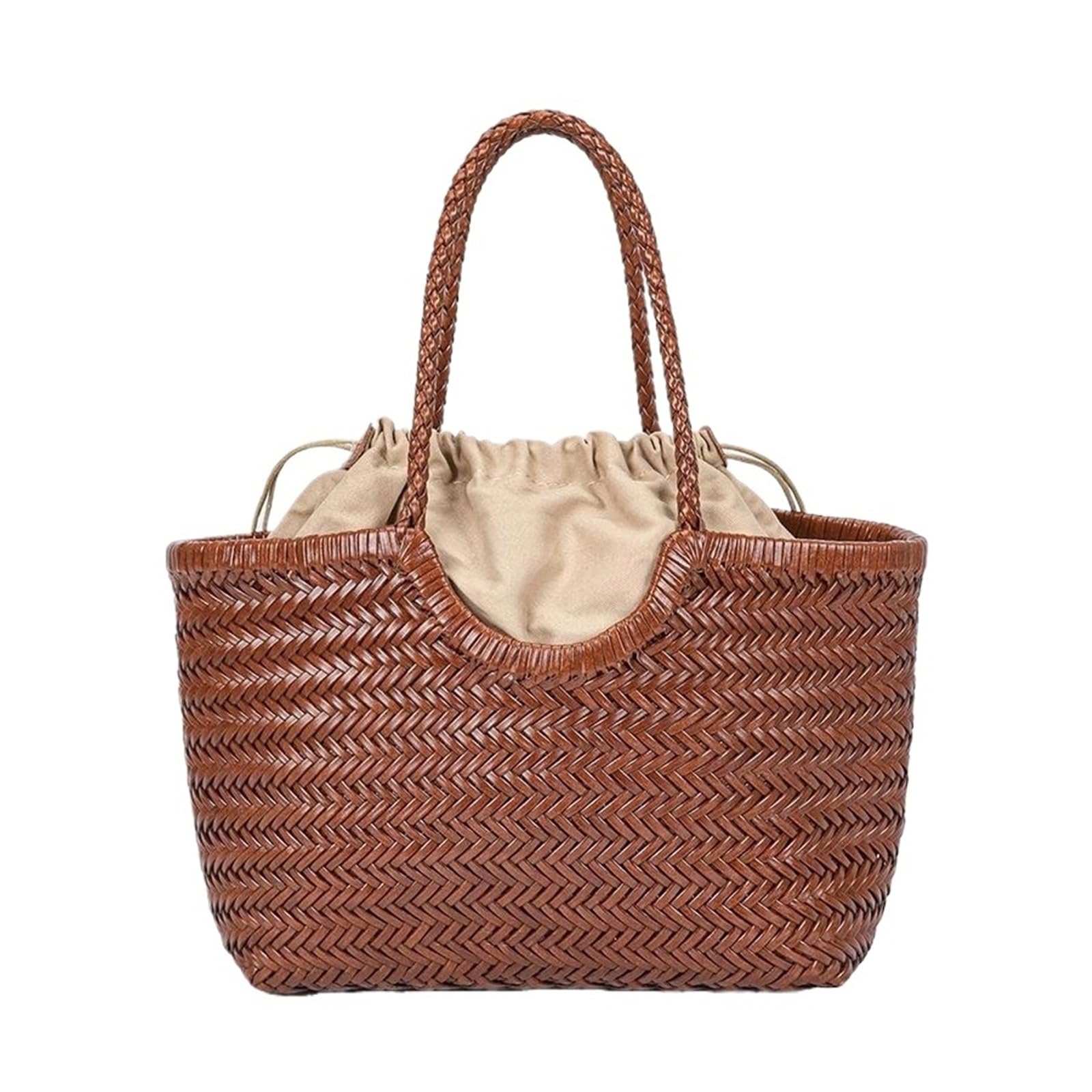 Ewuhyfp Women's Brown Woven Leather Bags Hand-Woven Leather Woven Casual Vegetable Basket Bag With Inside Vintage Shopping Tote Shopping(Brown)