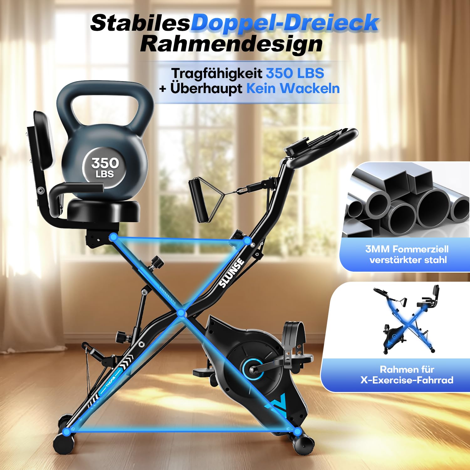 Heimtrainer Fahrrad Klappbar, SLUNSE FITNESS Neu Hometrainer Fahrrad mit 16-stufiger Magnetwiderstand, Ergometer Heimtrainer mit 10dB extra Leise, Indoor Bike für Kardio-Training zu Hause, Bis 160KG