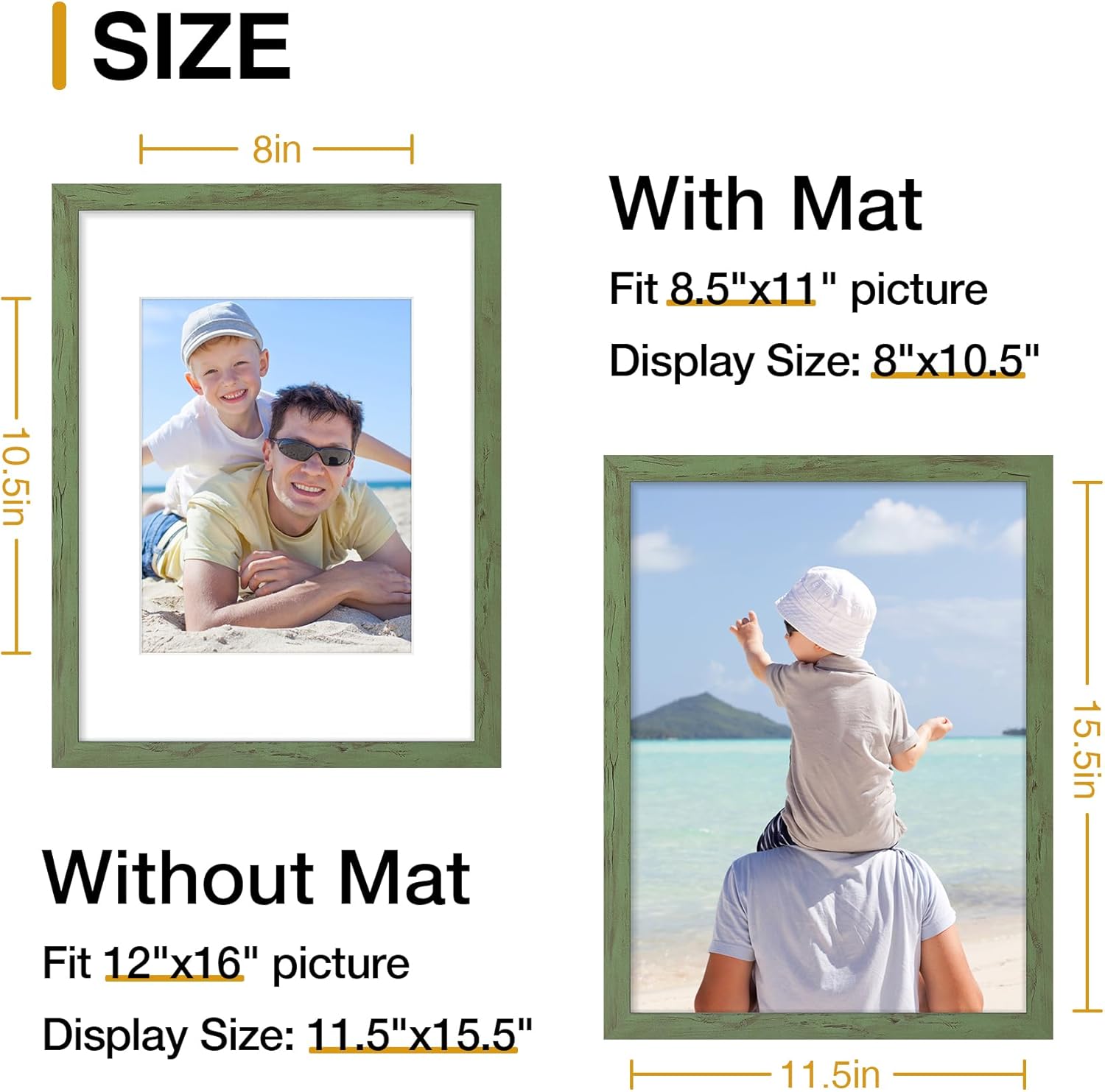 decoruhome 12x16 picture frame, display 8.5x11 certificate with mat or 12x16 poster without mat, wall mounting photo frame, rustic green, 1 pack rustic green 12x16