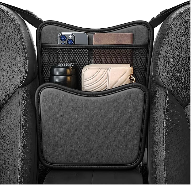 Organizador automotivo entre os bancos em couro Nappa com porta-lenços e bolsos de armazenamento FSTURIOS, preto