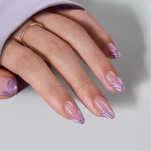 BTArtbox French Tip Press On Nails - Lamp-Curable Chrome Short Almond Press On Nails with Glue for Women, Semi-Transparent Soft Gel Glue On Nails in 16 Sizes - 32 Stick On Nails Kit, Mermaid Tail - D1-Mermaid Tail