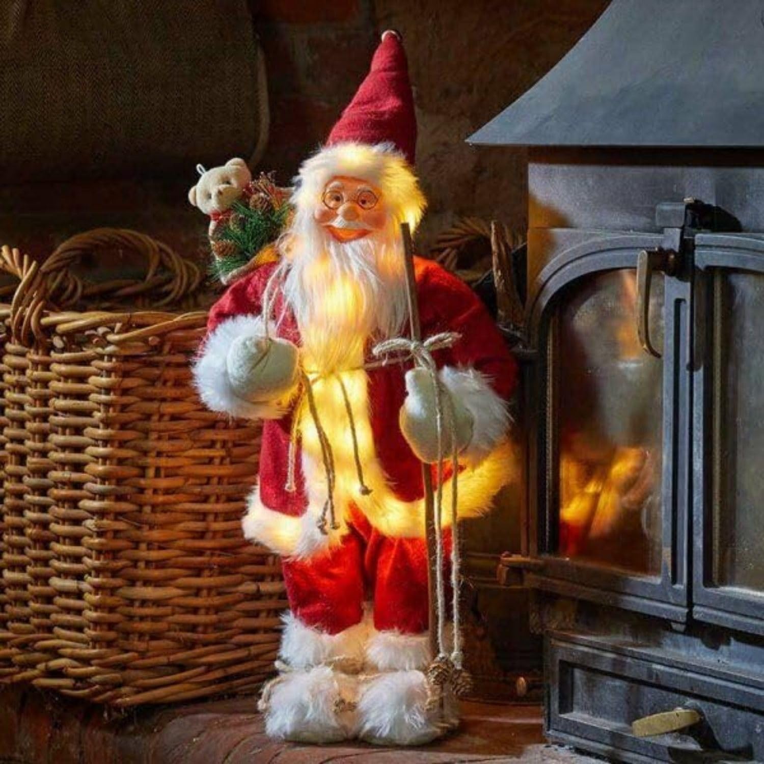 Marco Paul 30cm Pre-Lit LED Santa Claus Christmas Figure Battery Powered Light Up Father Christmas Decoration with Auto Timer Festive Novelty Ornament for Home Tabletop Xmas Display