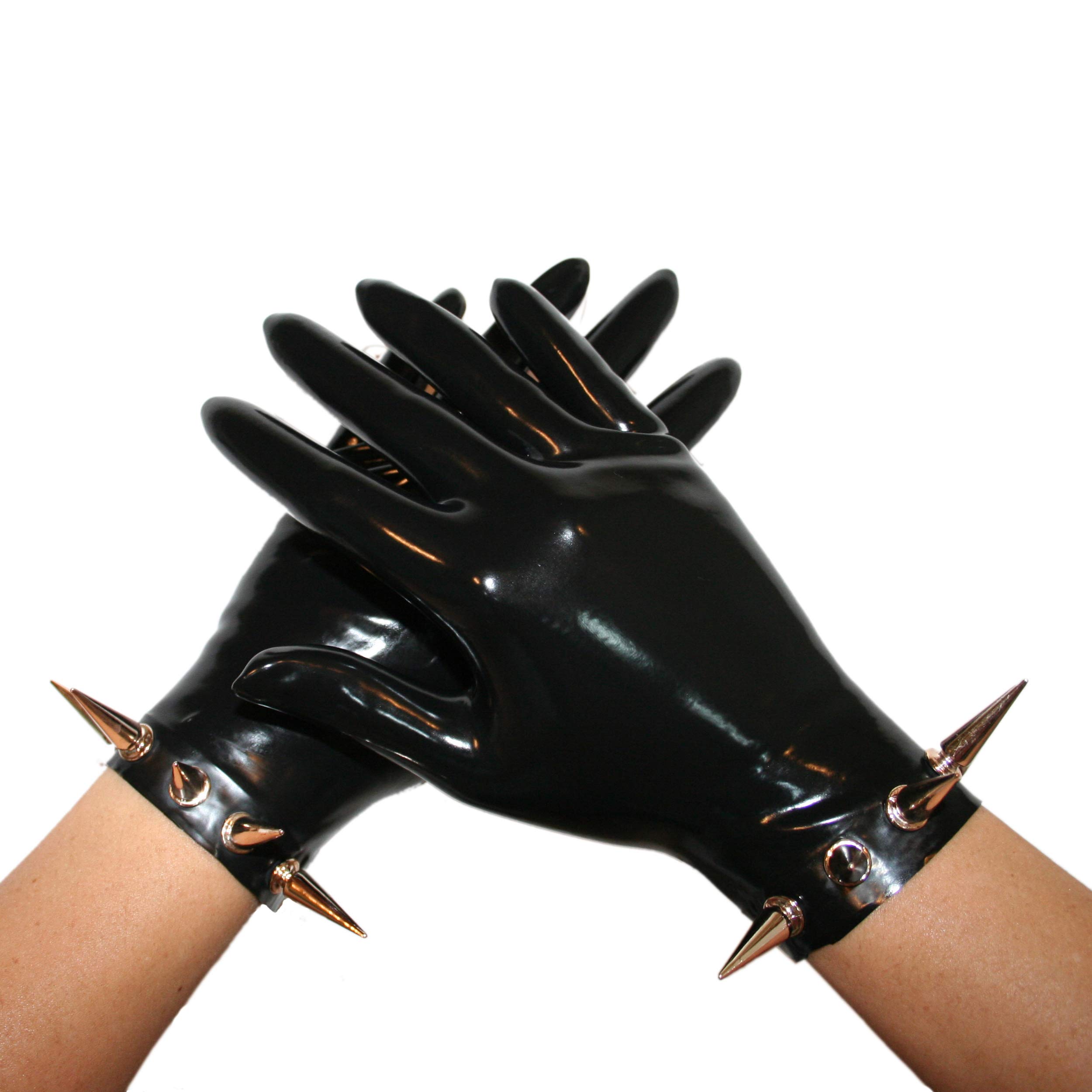 Rubberfashion Guanti in lattice corti - guanti di gomma sexy Spikes - guanti in lattice corti fino al polso per uomini e donne nero 0,4 mm M