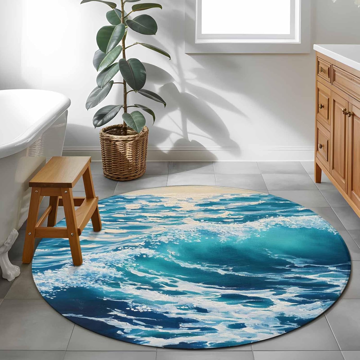 Blue Teal Coastal Round Rug 3ft Washable Circle Entryway Rugs Non Slip Sea Nautical Ocean Summer Beach Area Rug Indoor Floor Carpet for Bedroom Kitchen Living Room Home Office Dining Room Nursery