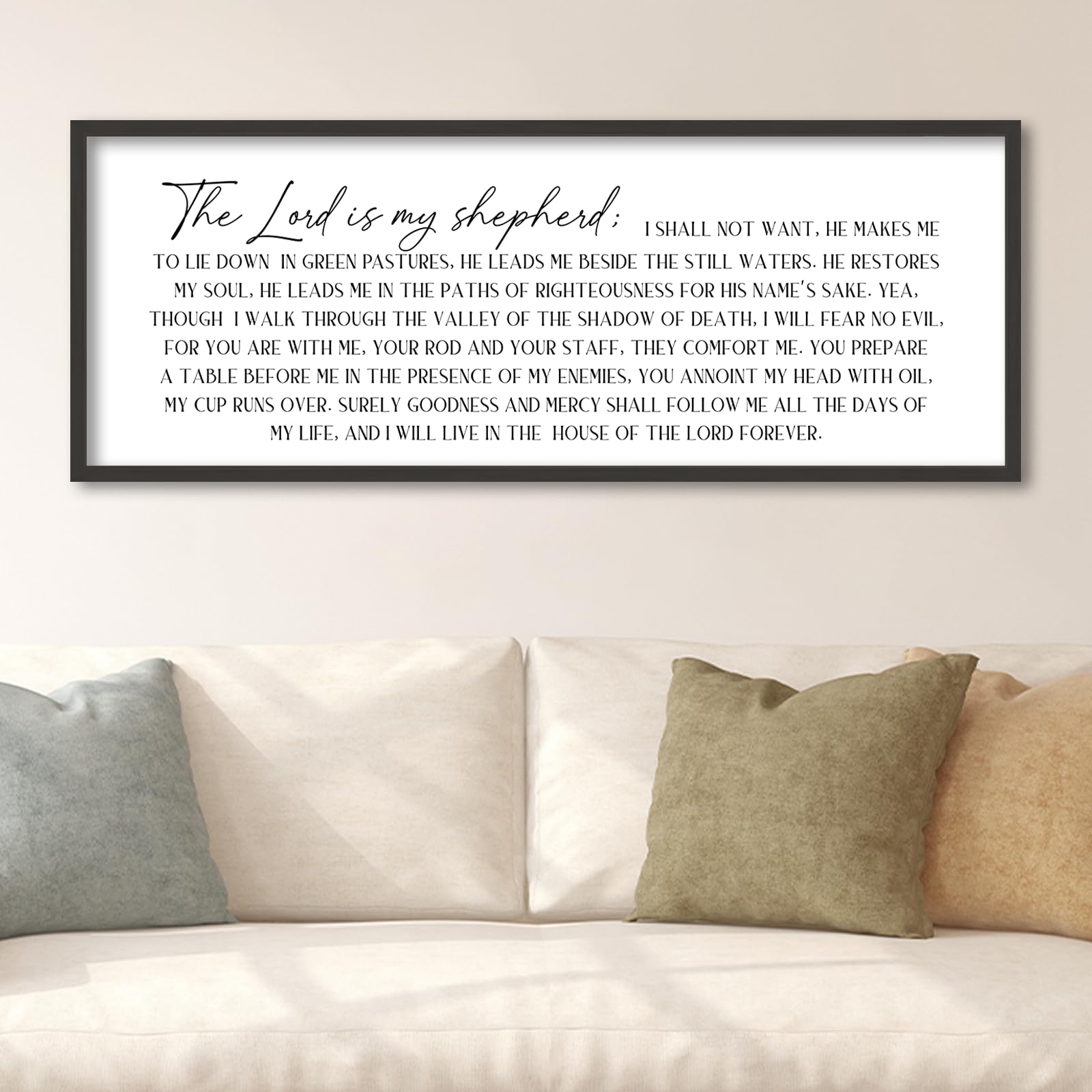 SRSZHIYUE Bible Verse Wall Decor Psalm 23 The Lord is My Shepherd Art 32"×12" Christian Faith Inspirational Sign Large Living Roo Catholic Family Modern Horizontal Hanging Decor (Black)