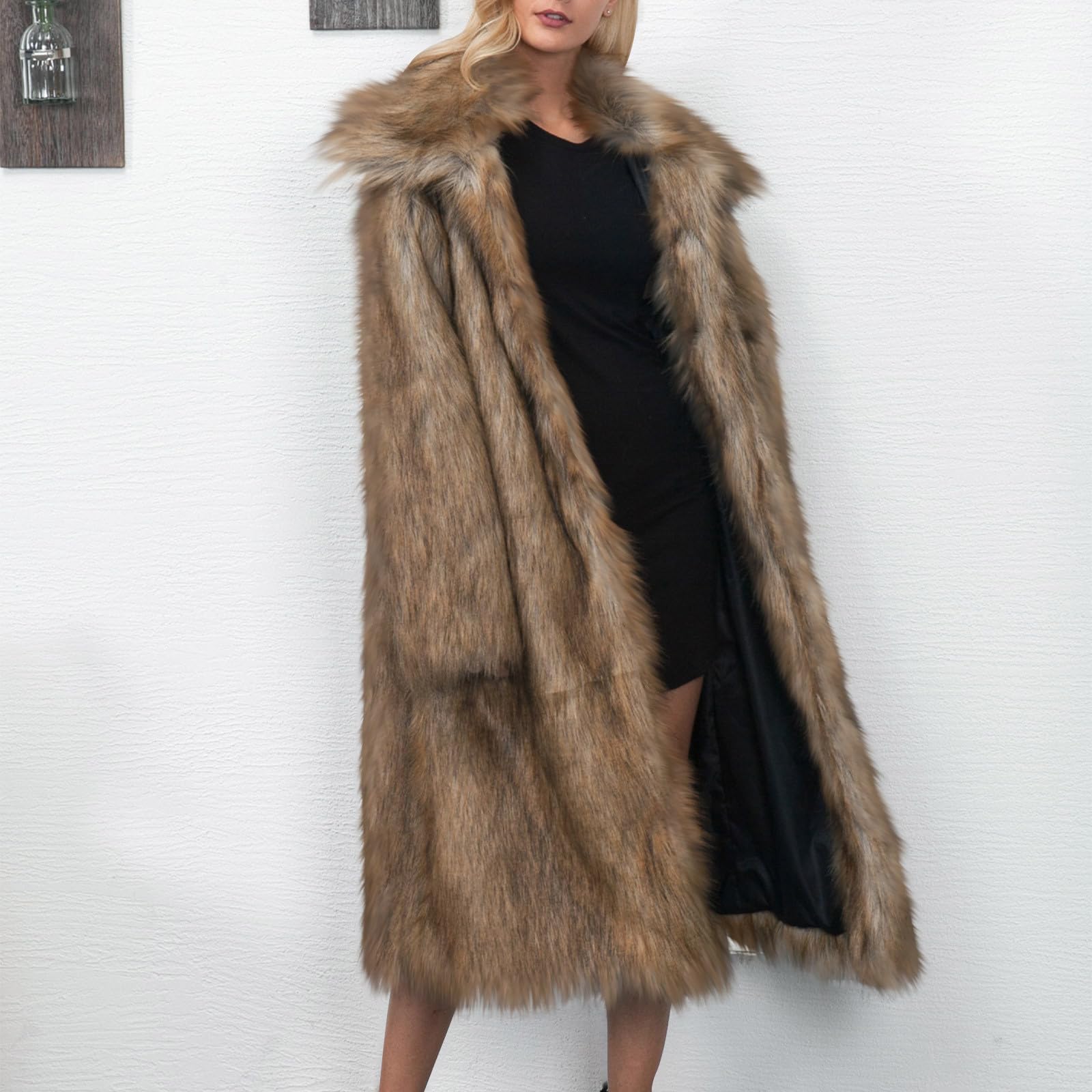 Manteau en fausse fourrure pour femme - Manteau long d'hiver chaud - Col rabattable - Élégant cardigan ouvert sur le devant - Parka coupe-vent surdimensionnée en peluche décontractée
