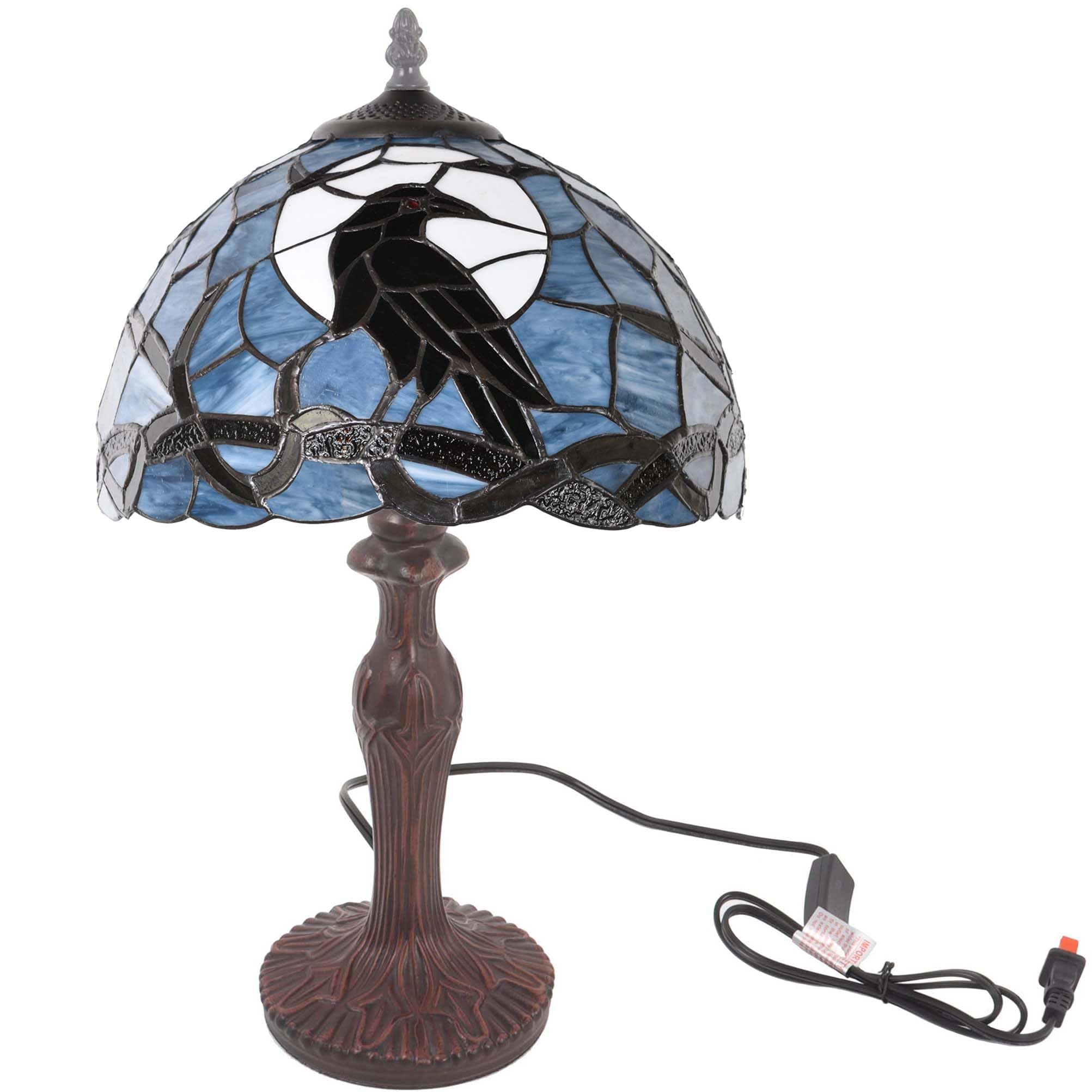 Bieye Raven Full Moon Tiffany Style Lamp Bundle – 12" Stained Glass Lampshade + 19.5" Antique Metal Table Lamp Base