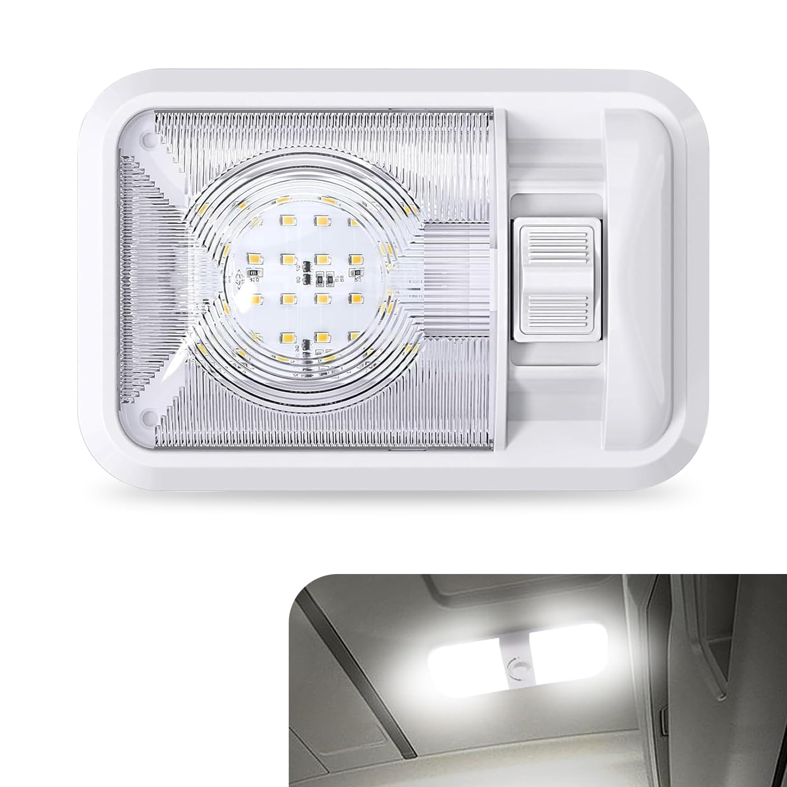 DYEKNEE 1 PC Car Roof Light, 7.4" x 5" Waterproof PC Shell High Brightness Chip Reading Light Compartment Light, Screw Fixed Light Board with Control Switch, Universal for Cars RVs (White)