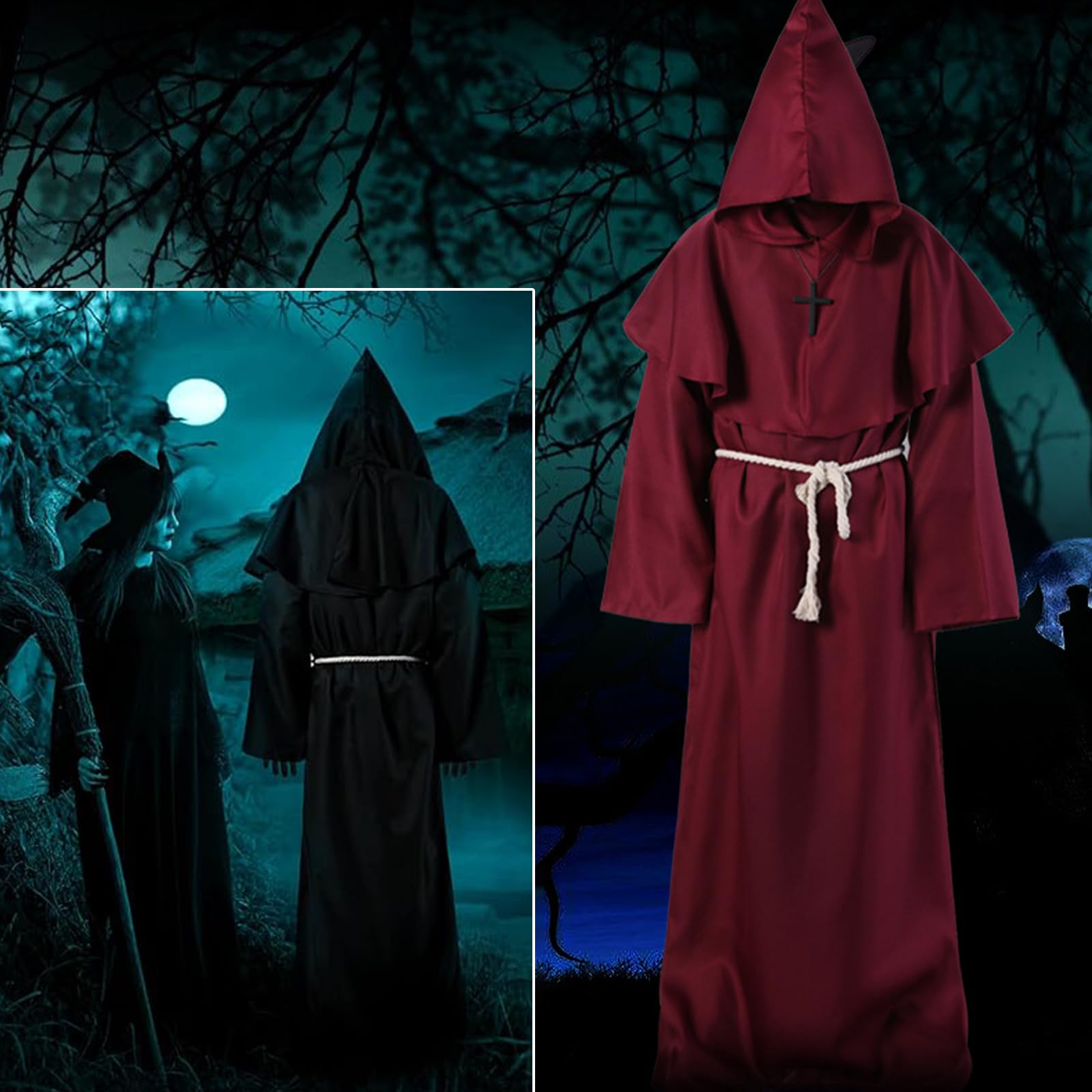 Kostium mnicha, kostium kapłana męski, szata średniowieczna czapka mnicha na Halloween, karnawał, kostium męski z kapturem i paskiem linowym