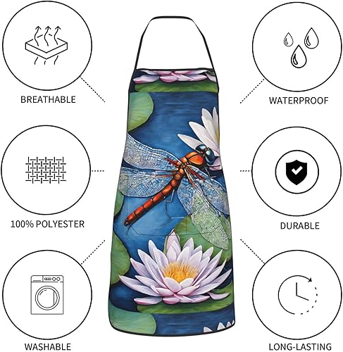 Miniatura 5 de Unisex Apron With Pocket, Dragonfly Painting Chef Apron For Cooking, Bbq & Crafts, Spillproof Kitchen Protection Bib With Large Utility Pocket For
