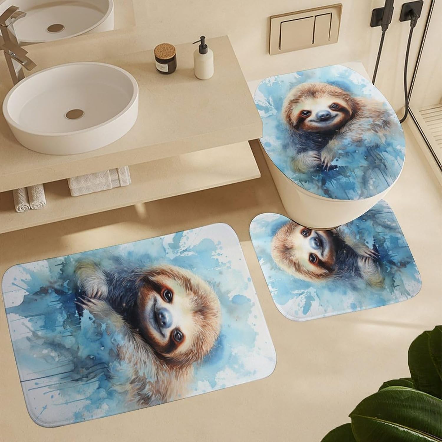 4 Pcs Sloth Shower Curtain Sets, Watercolor Cute Animal Print Bathroom Set Shower Curtain Set with Rugs and Accessories, Bathroom Decor with Bath Mats Toilet Lid Cover