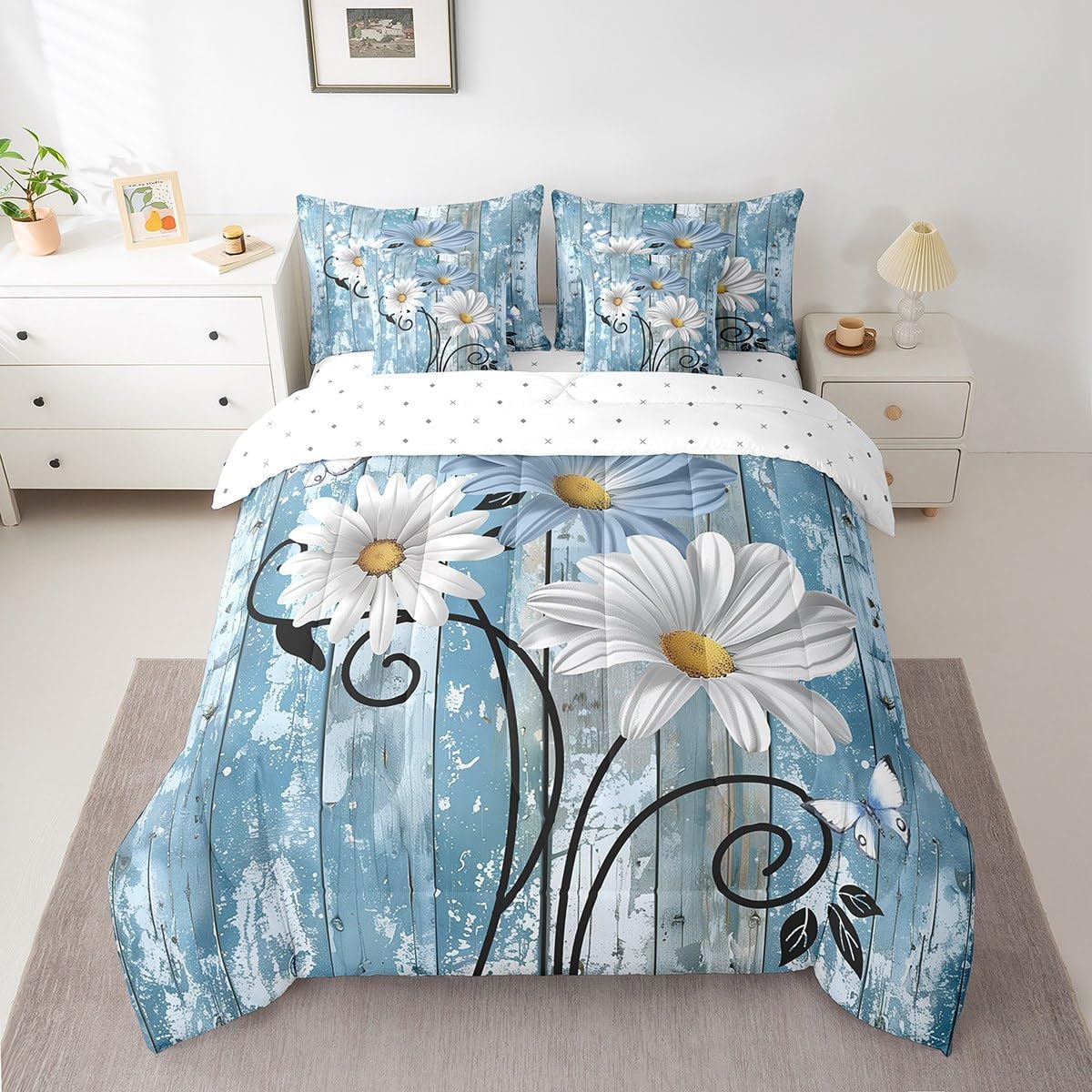 Farmhouse Flower Comforter Sets Rustic County Floral Bedding Set 7 Pieces,Country Blue Daisy Bed In A Bag Full Size for Adults Farm House Room Decor,Wildflower Wooden Sheet Set With Comforter