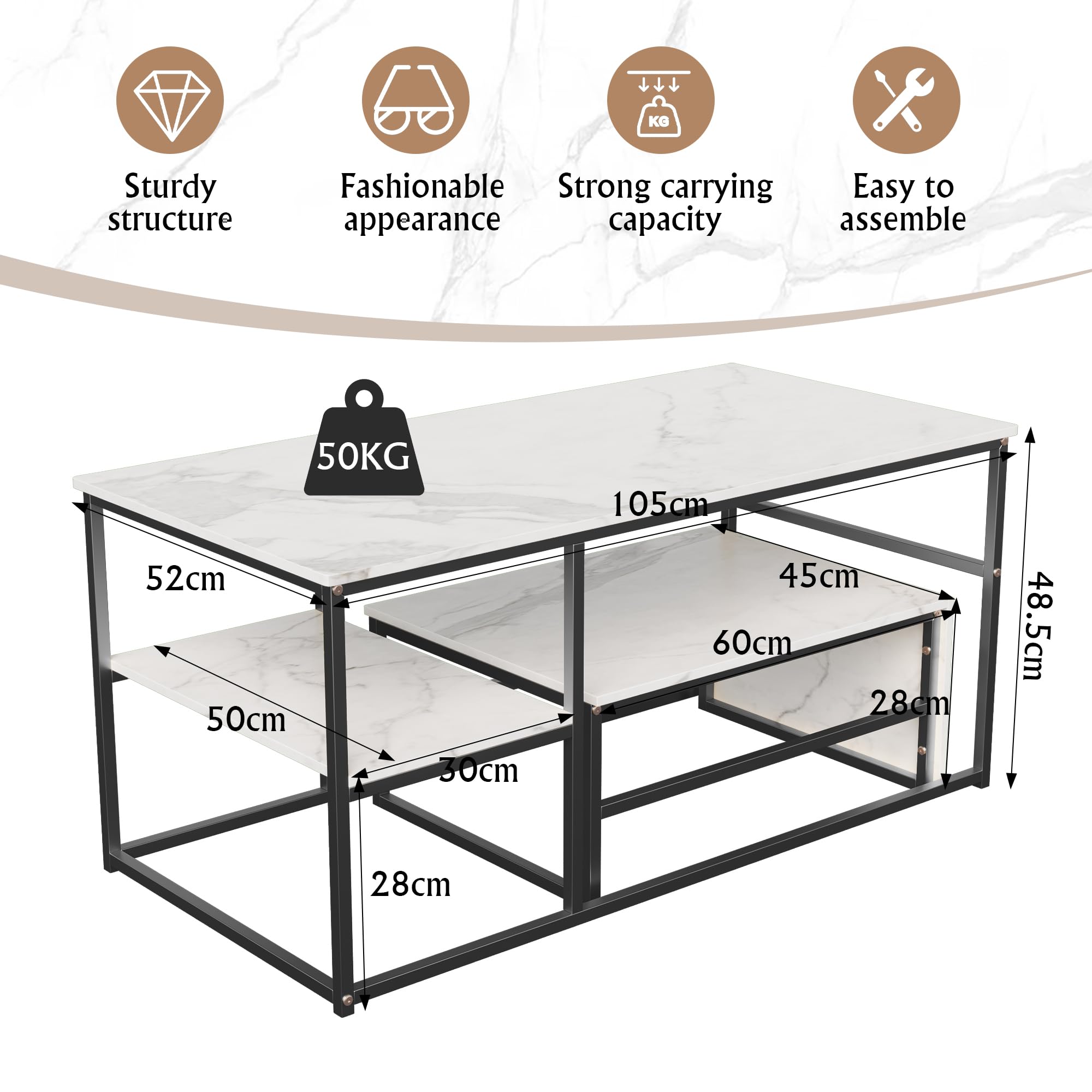 Set di 2 tavolini rettangolari, effetto marmo, con telaio in metallo, per soggiorno, soggiorno, soggiorno, balcone, ufficio, nero, 105 x 52 x 48,5 cm