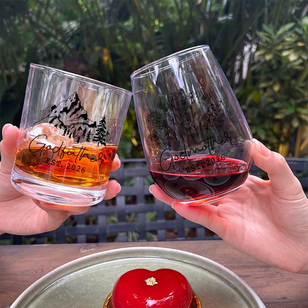 Godfather Godmother Mountain Whiskey & Wine Glass Gift,Novelty Wine Glass Gift Birthday Thanksgiving Christmas Baptism Gifts for Godparent Men Wome