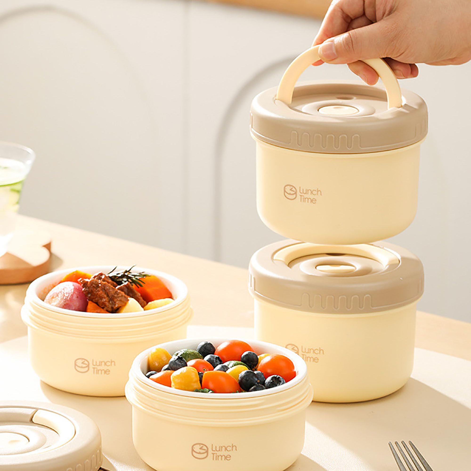 Ceramica Scatola Pranzo Contenitore Termico, Contenitore Termico per Pranzo Forma Rotonda per Conservazione Degli Alimenti Scatole Picnic per pasti fuori casa, lavoro, scuola,Brown-4 pieces