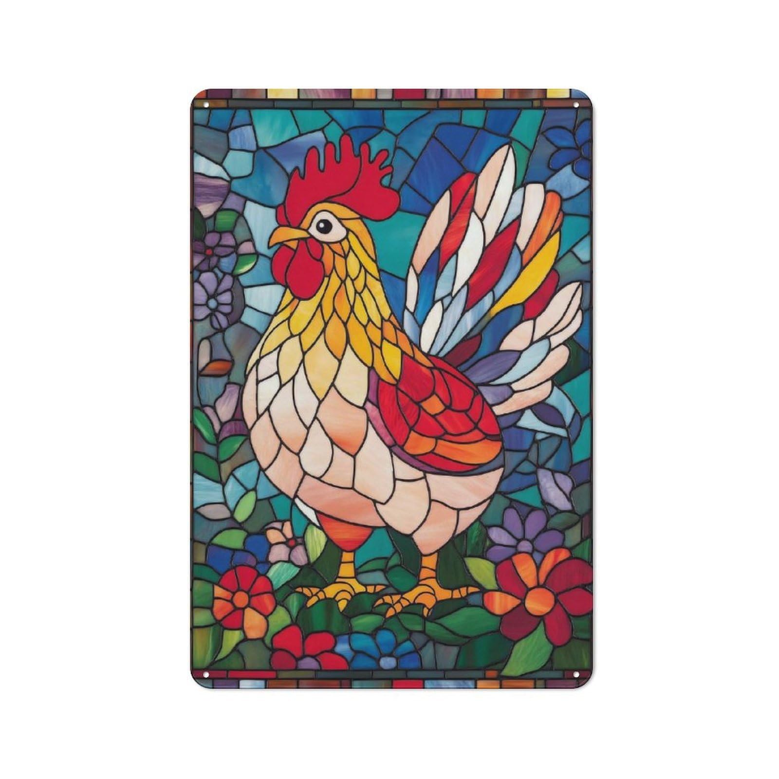 Junmoney Stained Glass Rooster Vintage Tin Sign 30X20cm For Garden Room Or Summerhouse, For A Newly Organised Room And Metal Sign Display