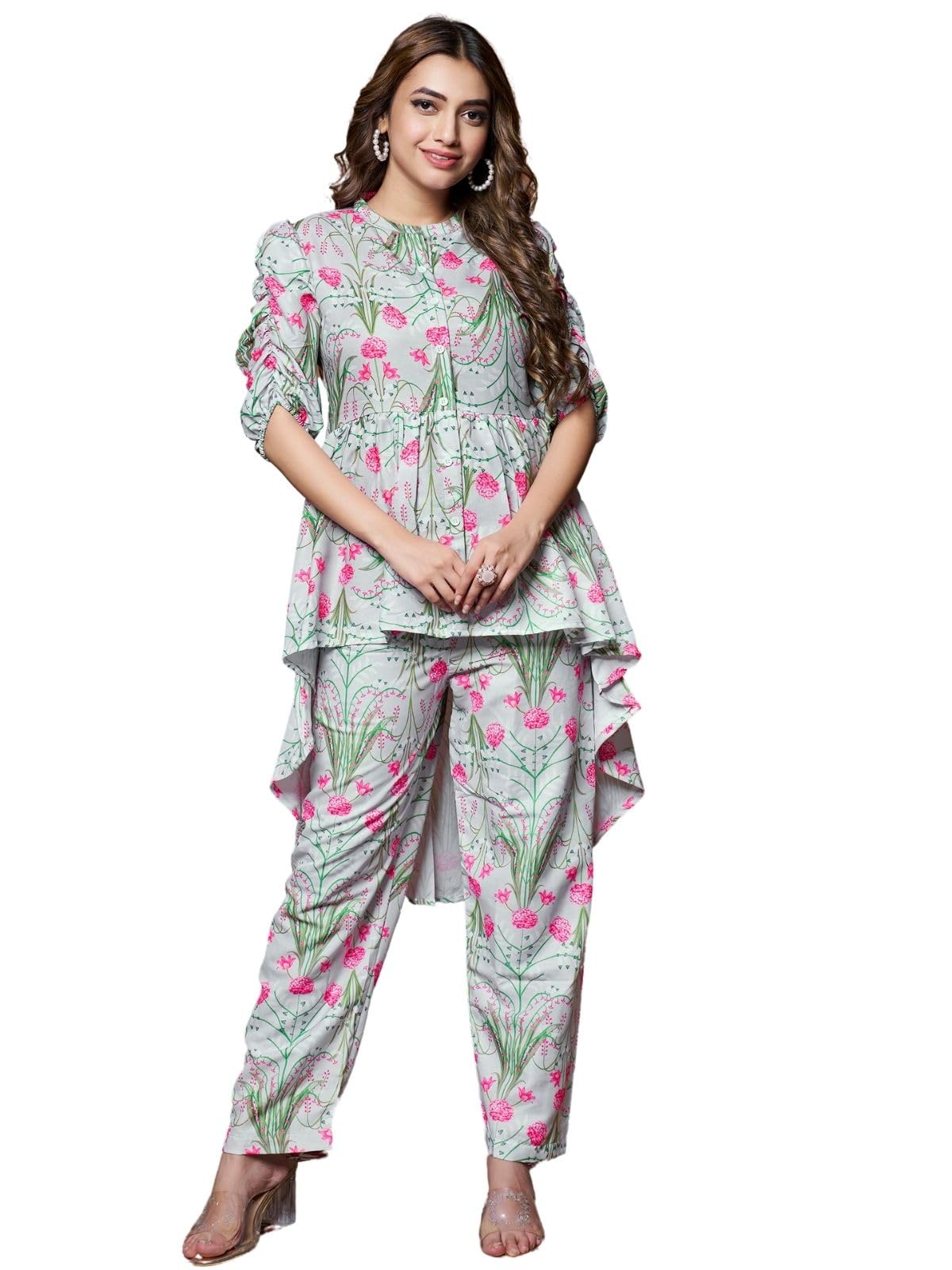 GRECIILOOKS Anarkali Kurta-Set for Women – Viscose Rayon Printed Kurta & Straight Pant | 3/4 Sleeve Trendy Summer Travel Outfit Dress | Festive Indian Traditional Outfit for Functions & Puja | Picnic | Vacation Wear