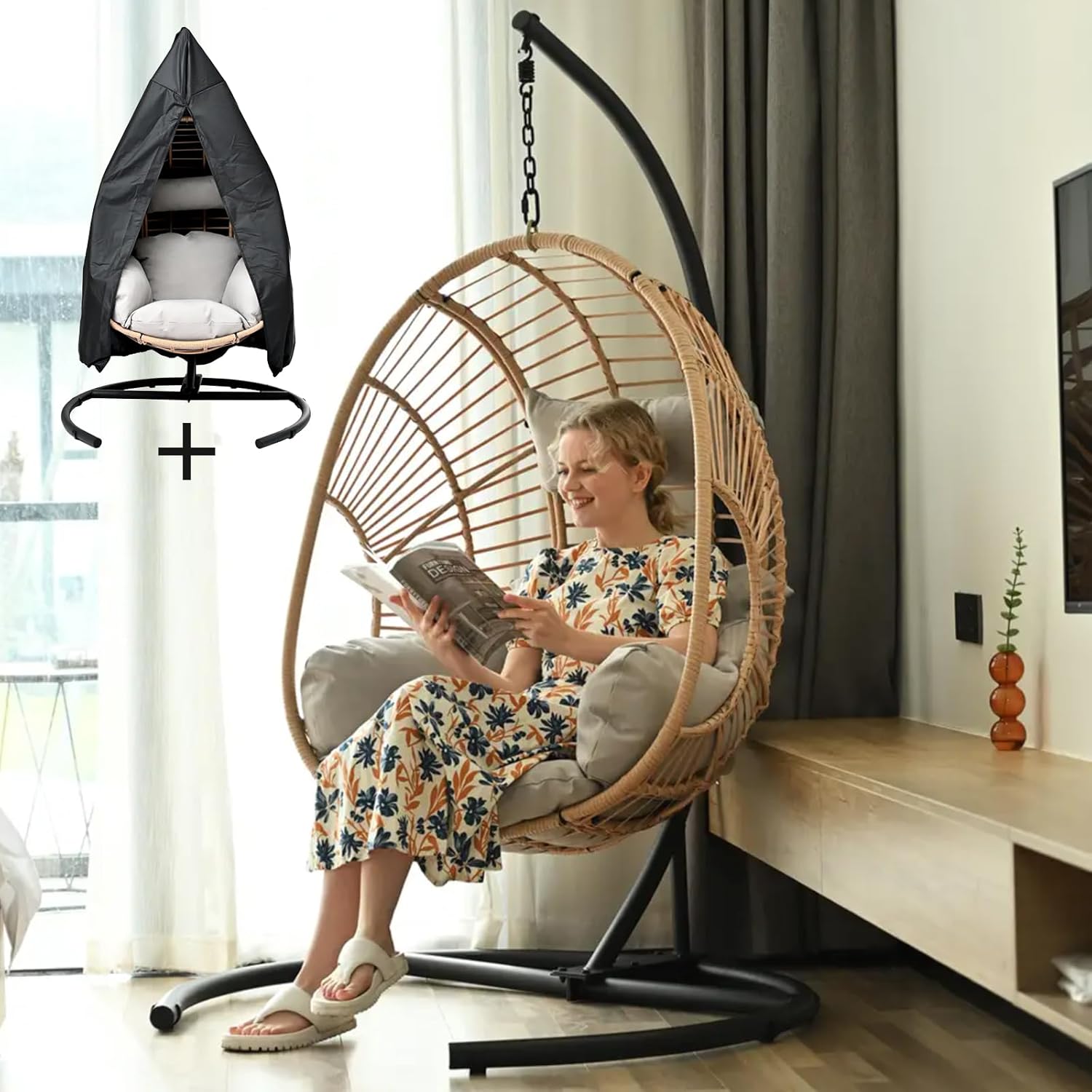 Outdoor Hanging Egg Chair with Stand, Patio Wicker Egg Swing Chair, Indoor Egg Chair