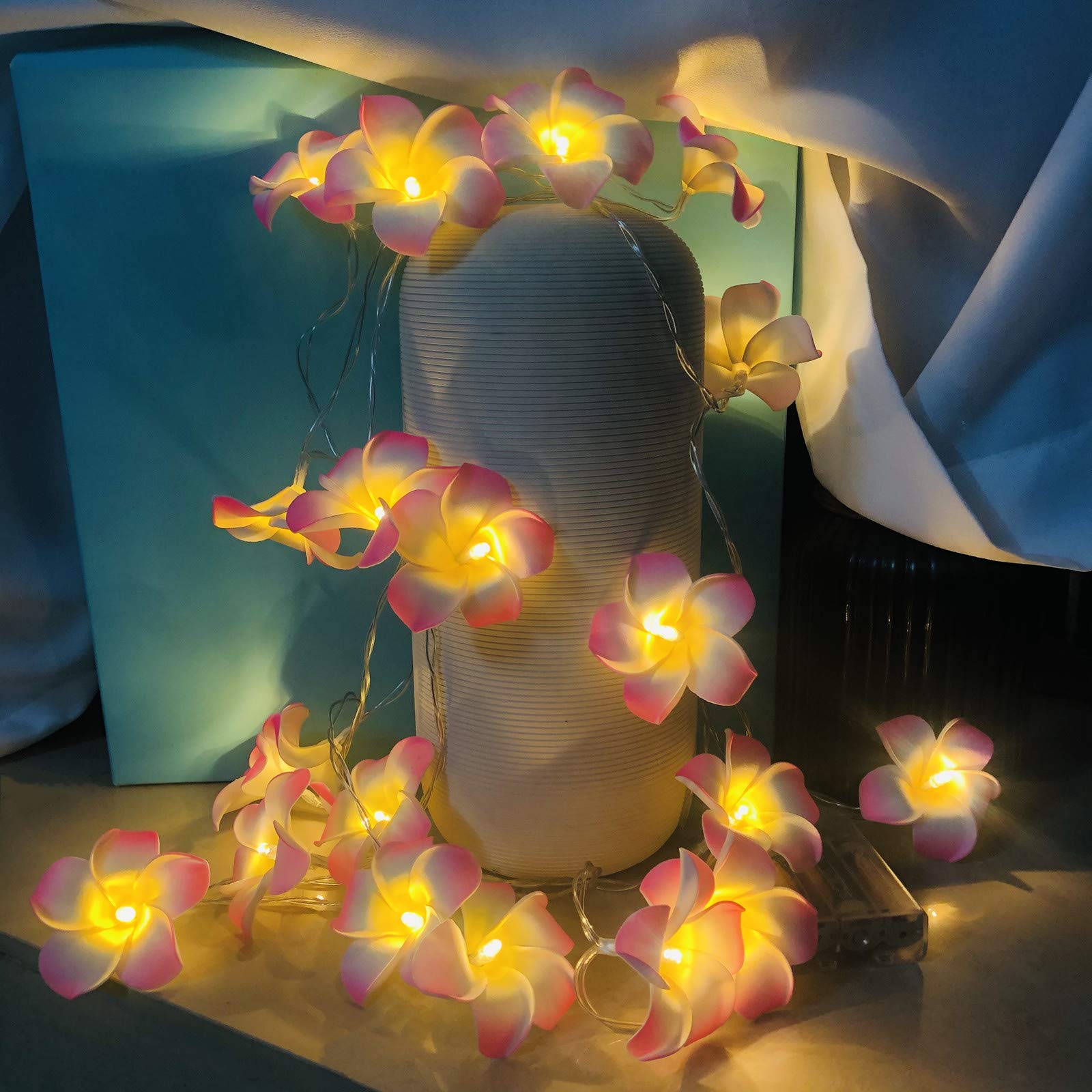 Riaxuebiy LED Plumeria String Lights Frangipani Flower Fairy Lights Eggflower Decorative Garland Battery Operated for Wedding Party Birthday Festival Decor (5m50led, Pink Plumeria) — image 1